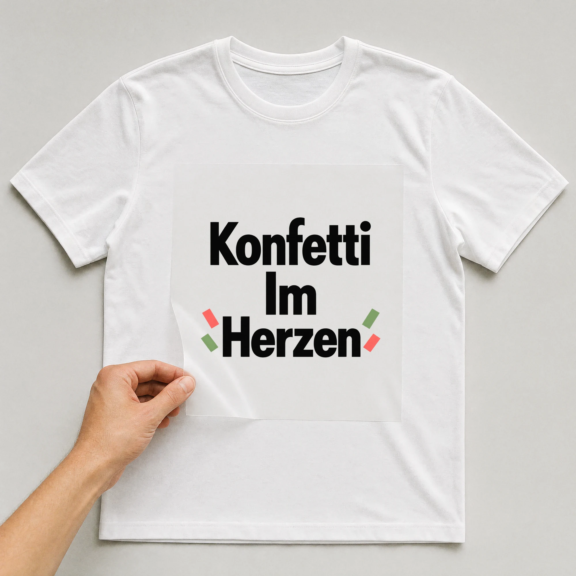 Bügelbild „Konfetti Im Herzen“ auf weißem T-Shirt, Folie wird aufgelegt