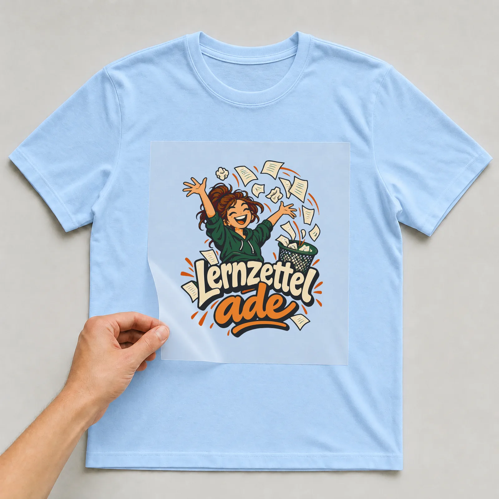 Bügelbild Lernzettel ade auf hellblauem T-Shirt, Folie wird aufgelegt