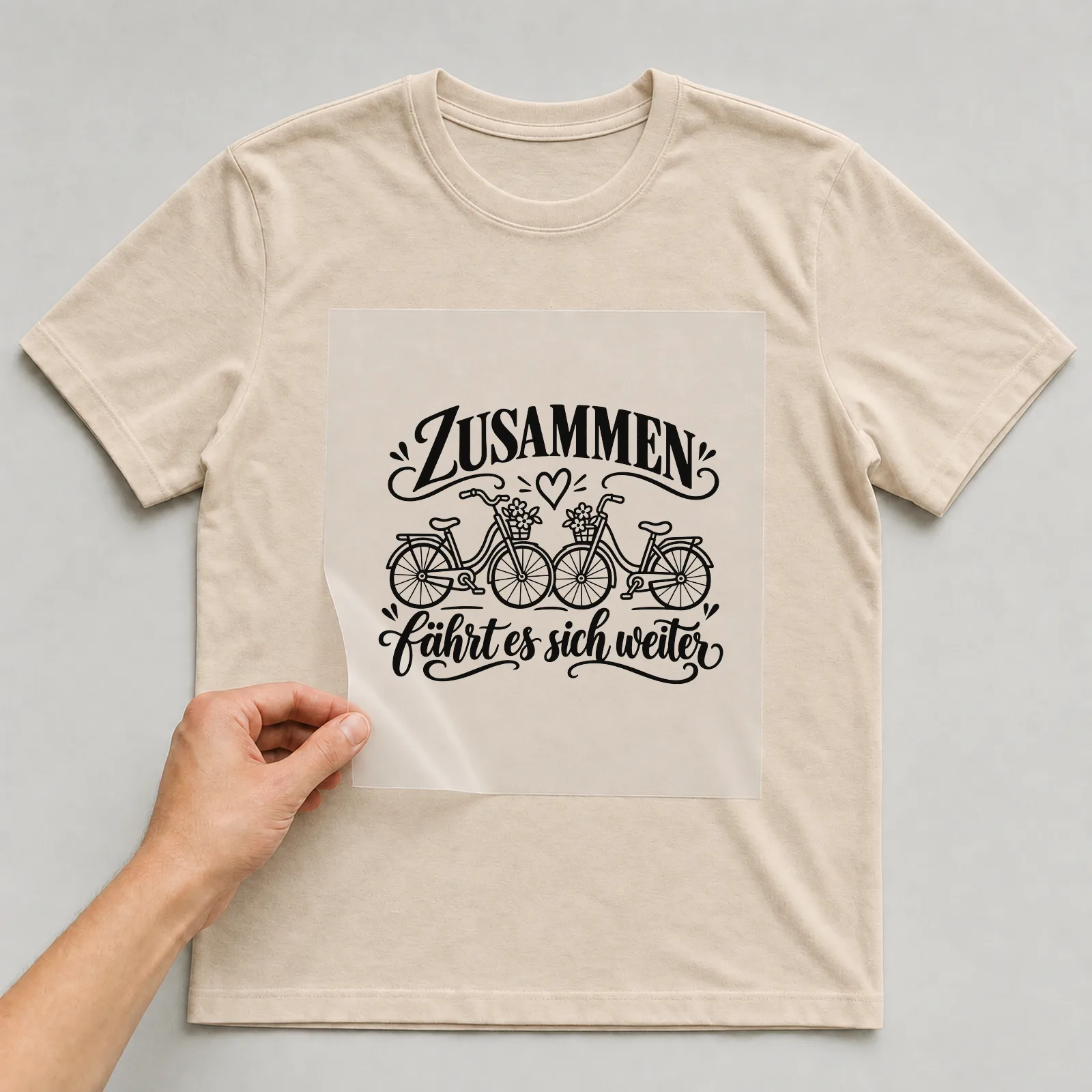 Bügelbild „ZUSAMMEN fährt es sich weiter“ auf beigem T-Shirt, Folie wird aufgelegt