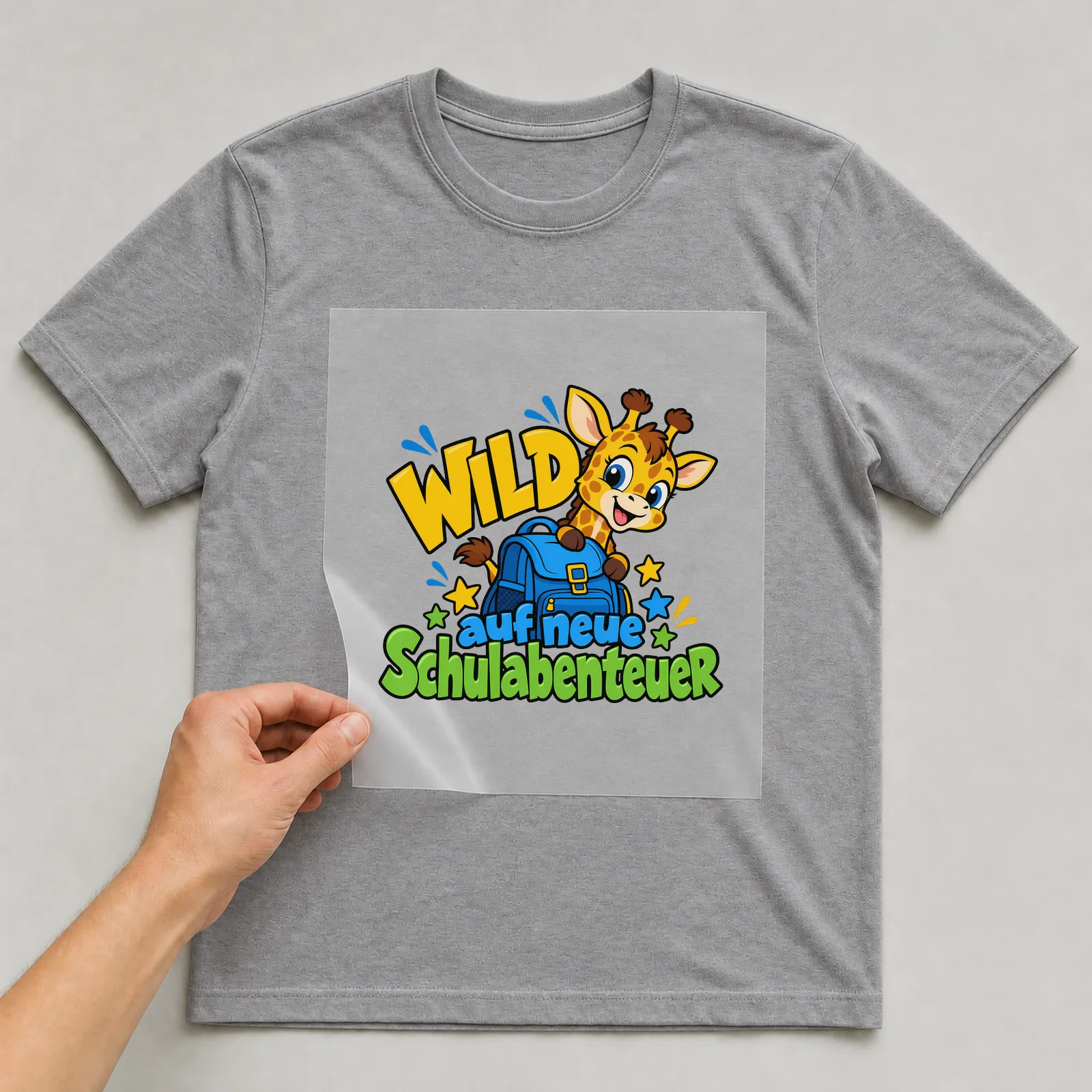 Bügelbild „Wild auf neue Schulabenteuer“ auf grauem T-Shirt, Folie wird aufgelegt