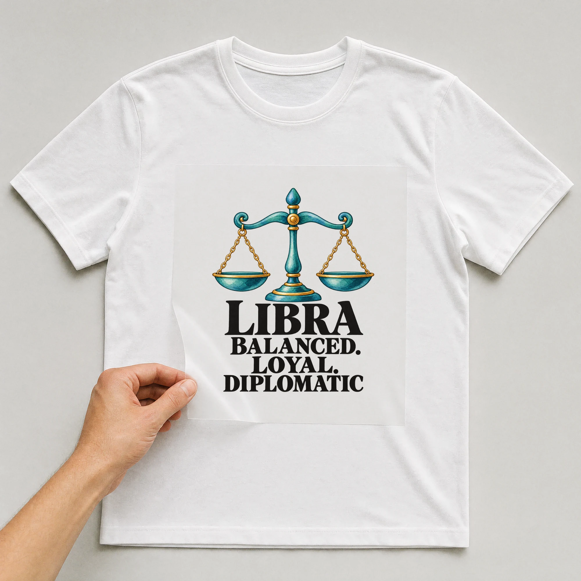 Bügelbild „Libra Balanced. Loyal. Diplomatic“ auf weißem T-Shirt, Folie wird aufgelegt