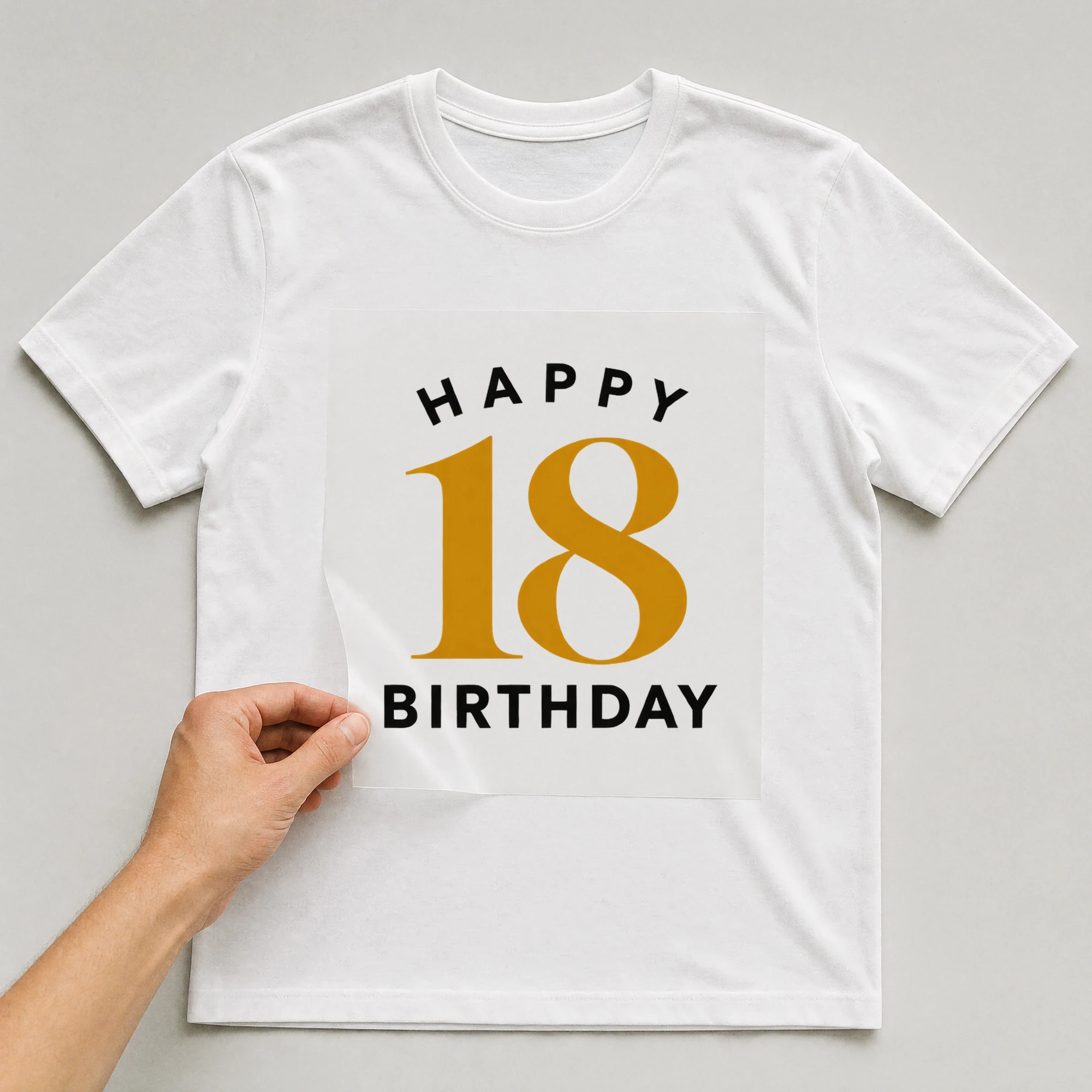 Bügelbild „Happy 18 Birthday“ auf weißem T-Shirt, Folie wird aufgelegt