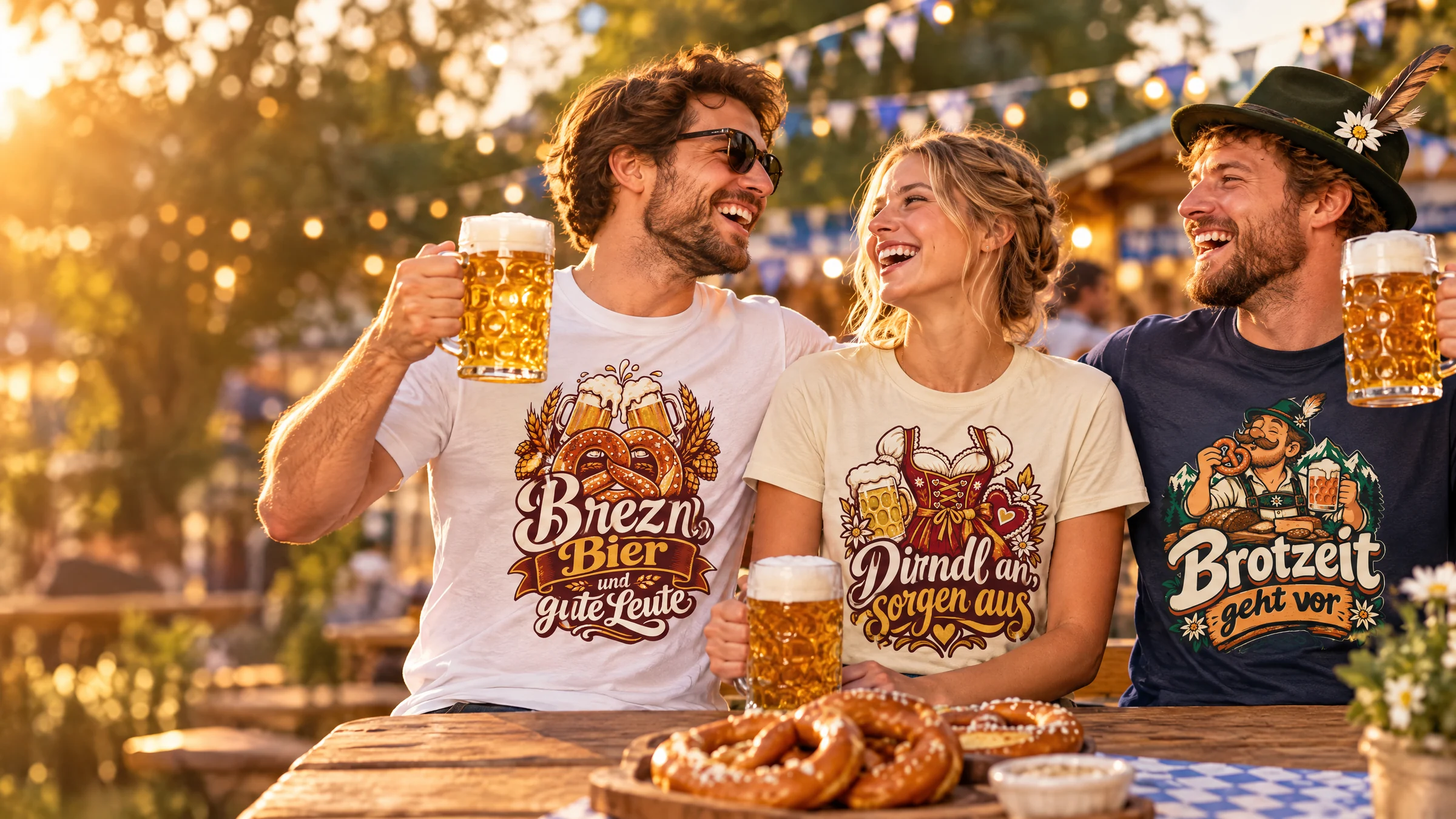 Volksfest und Tracht: Gäste auf dem Volksfest mit den Bügelbild-Motiven Brezn, Bier und gute Leute, Dirndl an, Sorgen aus und Brotzeit geht vor