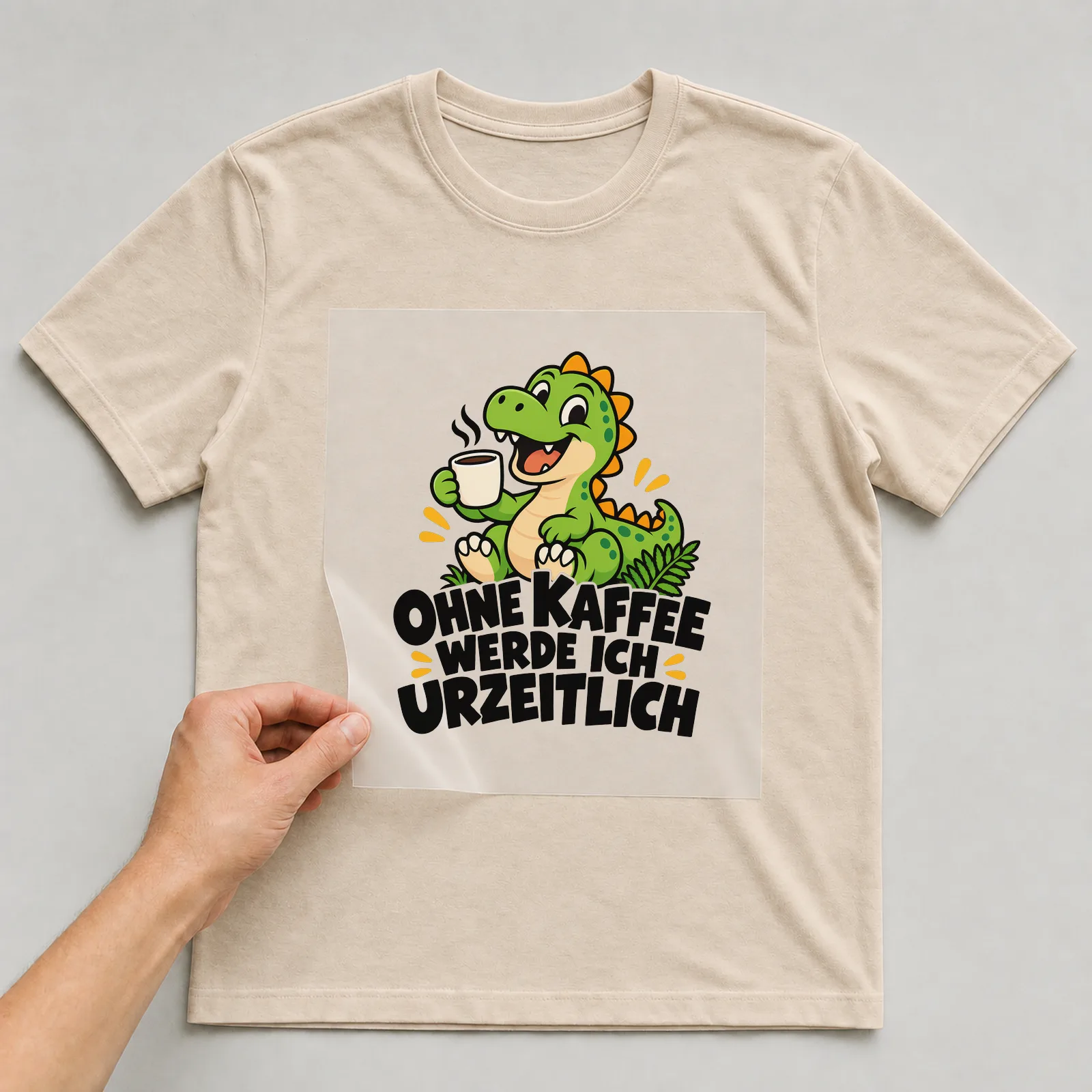 Bügelbild „Ohne Kaffee werde ich urzeitlich“ auf beigem T-Shirt, Folie wird aufgelegt