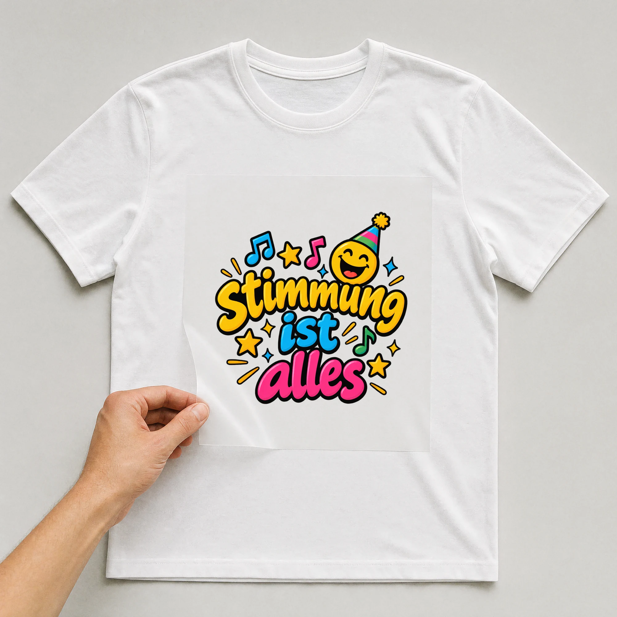 Bügelbild „Stimmung ist alles“ auf weißem T-Shirt, Folie wird aufgelegt