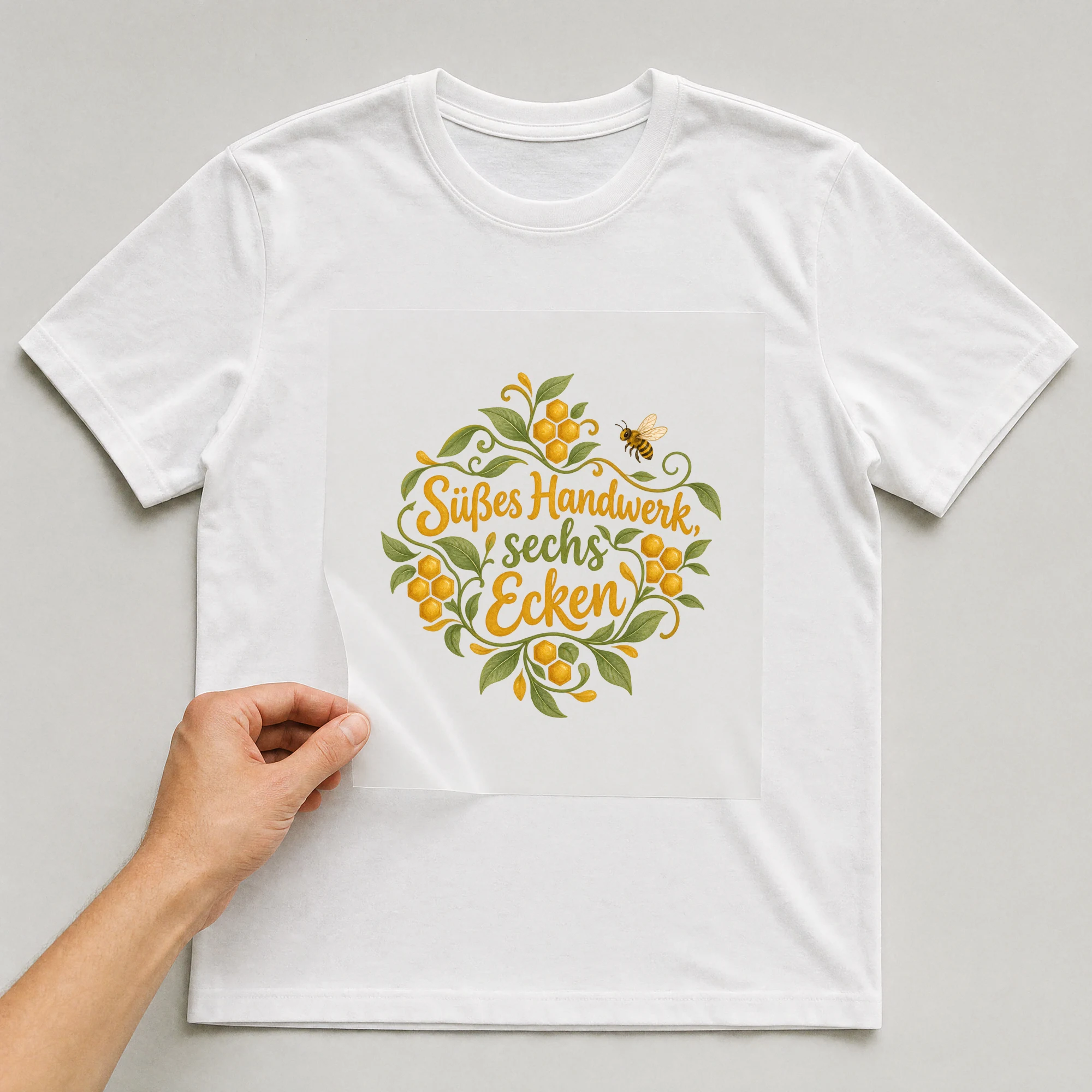 Bügelbild „Süßes Handwerk, sechs Ecken“ auf weißem T-Shirt, Folie wird aufgelegt