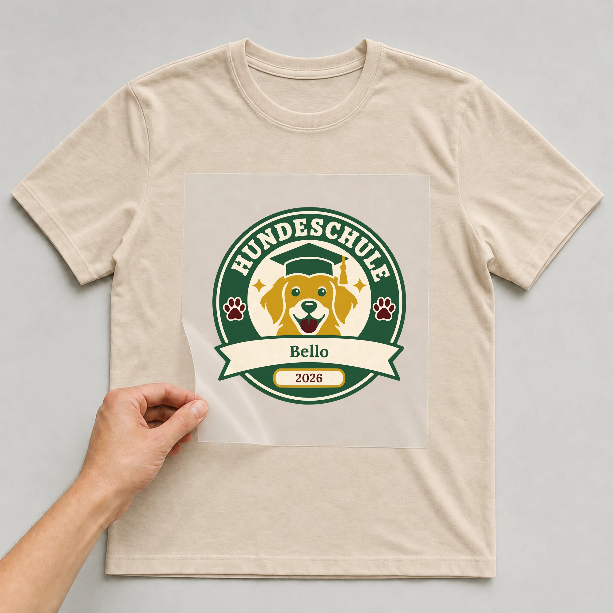 Bügelbild Hundeschule mit Name und Jahr auf beigem T-Shirt, Folie wird aufgelegt