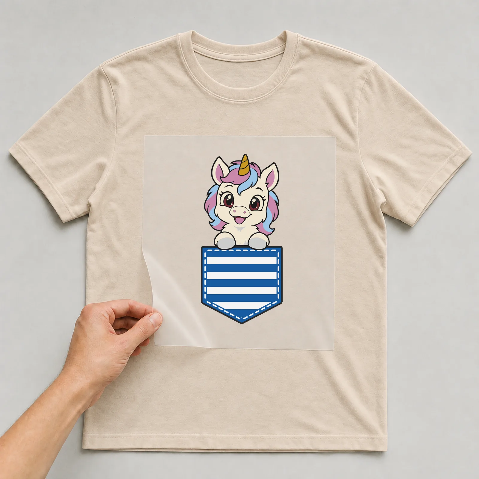 Bügelbild Brusttasche Einhorn auf beigem T-Shirt, Folie wird aufgelegt