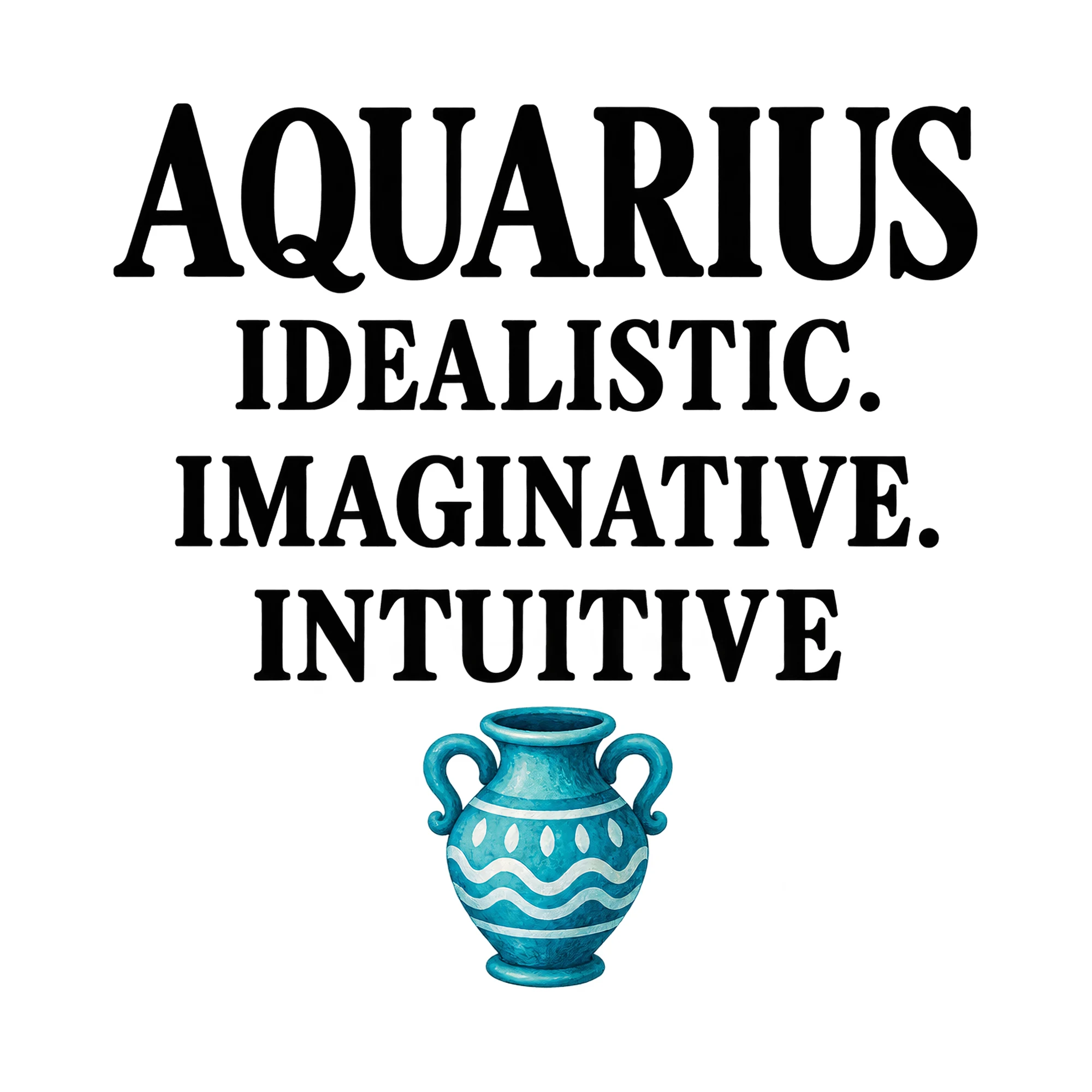 Bügelbild Aquarius Idealistic. Imaginative. Intuitive, Lustiger Shirt Spruch als Grafik auf weißem Hintergrund (BB015779)