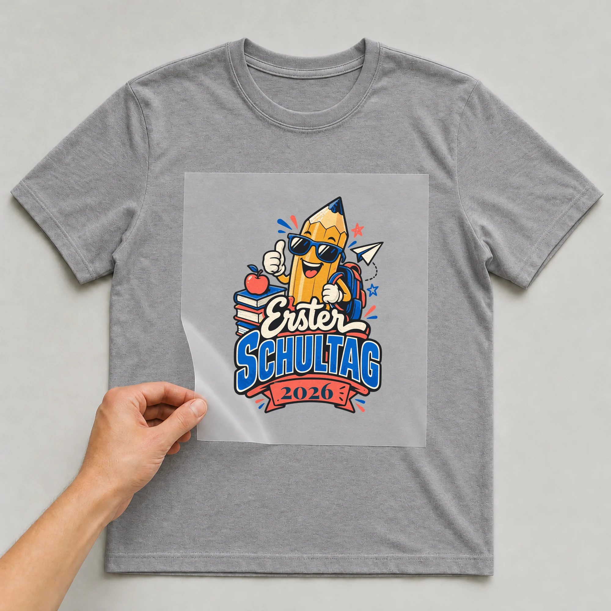 Bügelbild Erster Schultag mit Jahr auf grauem T-Shirt, Folie wird aufgelegt