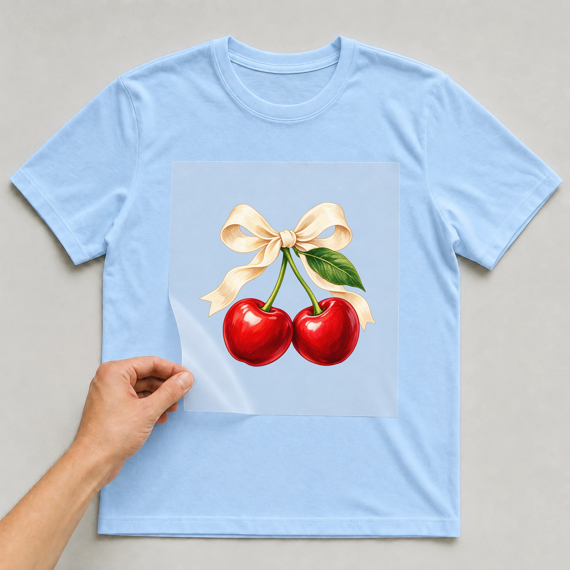 Bügelbild „Kirschen im Retro-Stil“ auf babyblauem T-Shirt, Folie wird aufgelegt