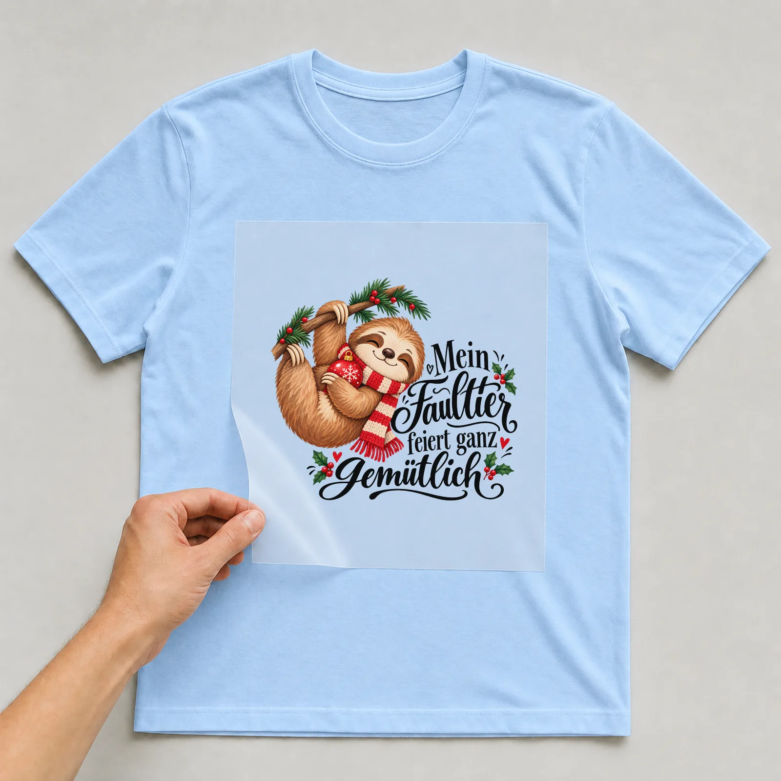 Bügelbild „Mein Faultier feiert ganz gemütlich“ auf hellblauem T-Shirt, Folie wird aufgelegt
