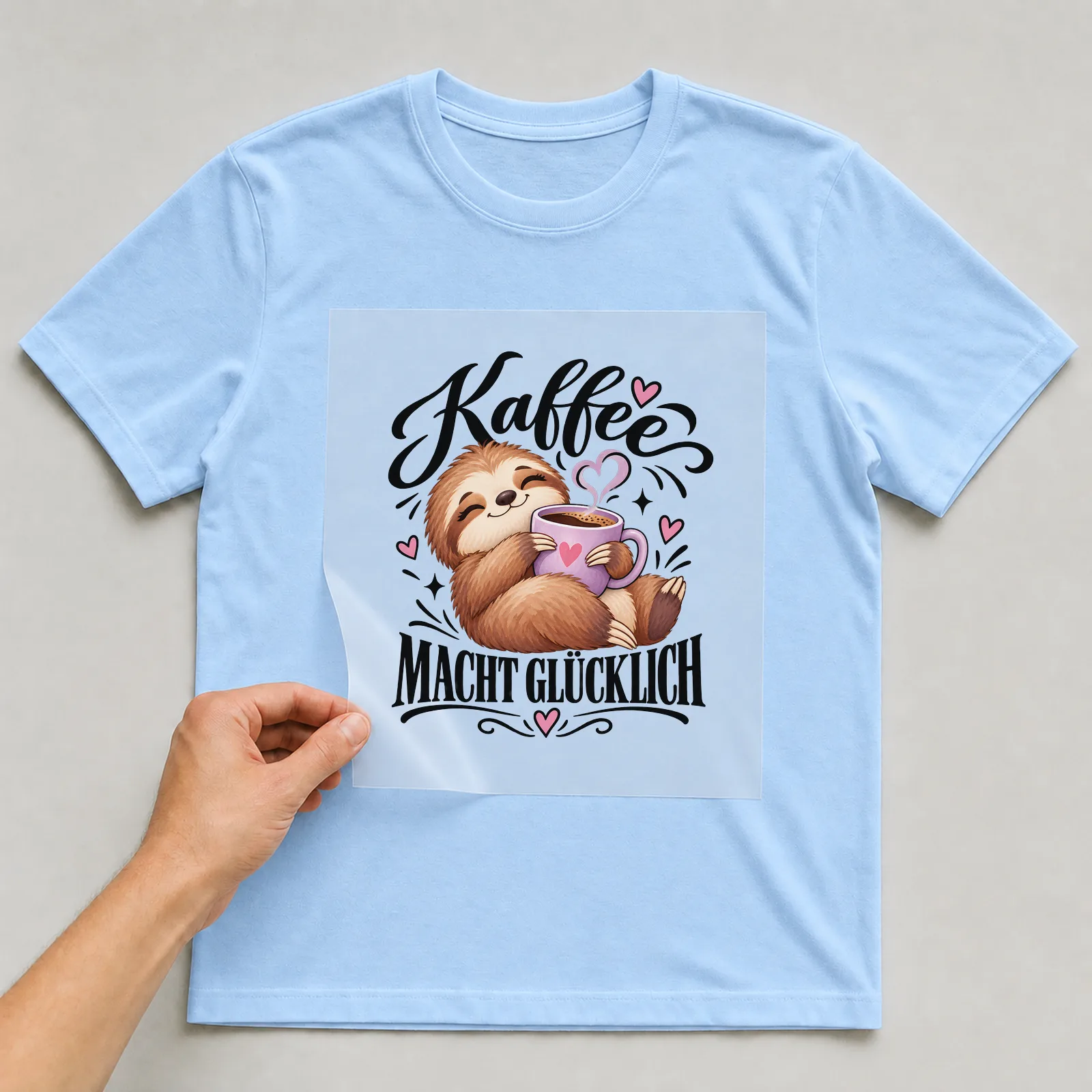 Bügelbild „Kaffee macht glücklich“ (deckendem Aquarell) auf hellblauem T-Shirt, Folie wird aufgelegt