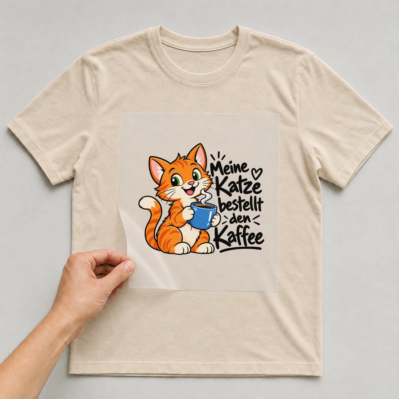 Bügelbild „Meine Katze bestellt den Kaffee“ auf beigem T-Shirt, Folie wird aufgelegt