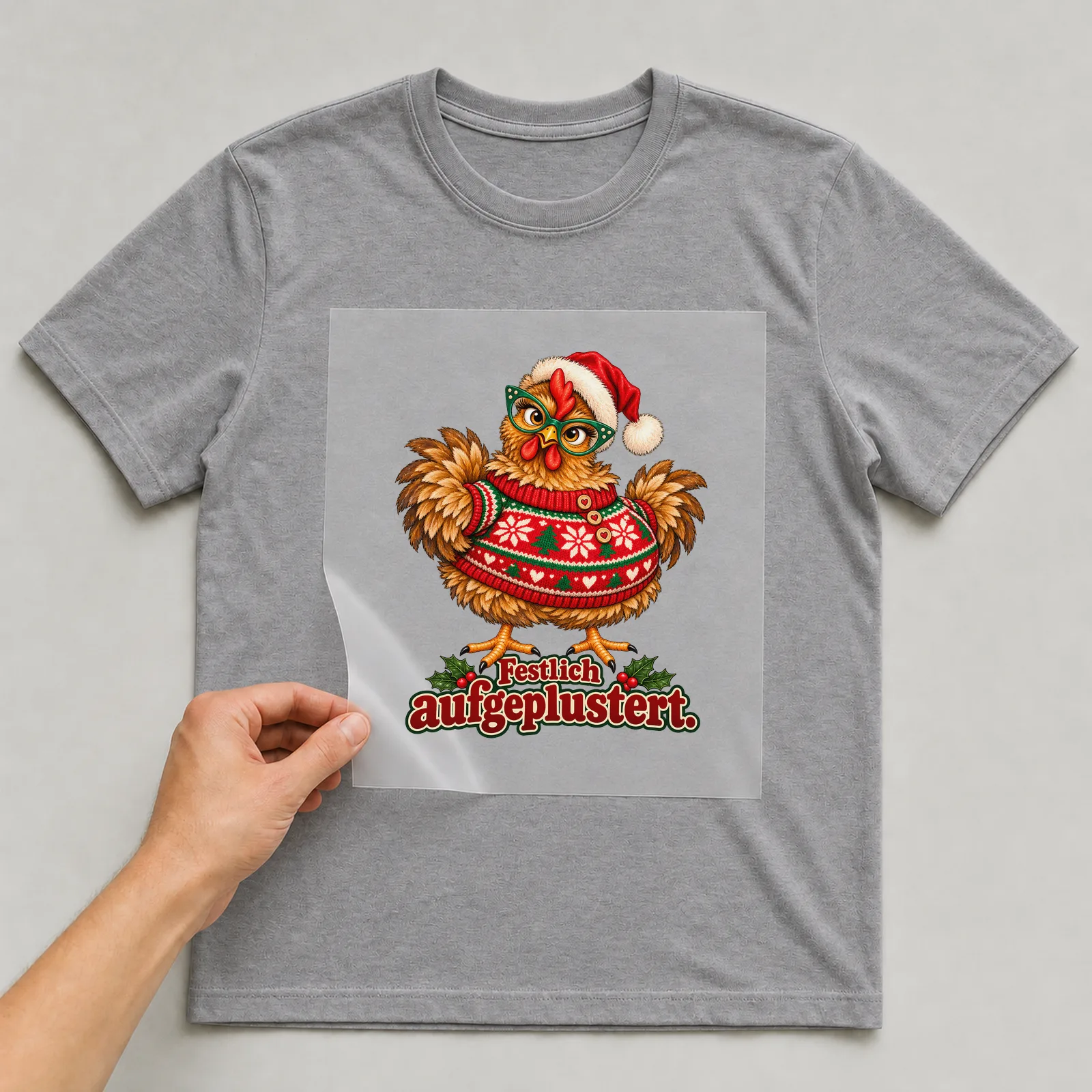 Bügelbild huhn festlich aufgeplustert auf grauem T-Shirt, Folie wird aufgelegt