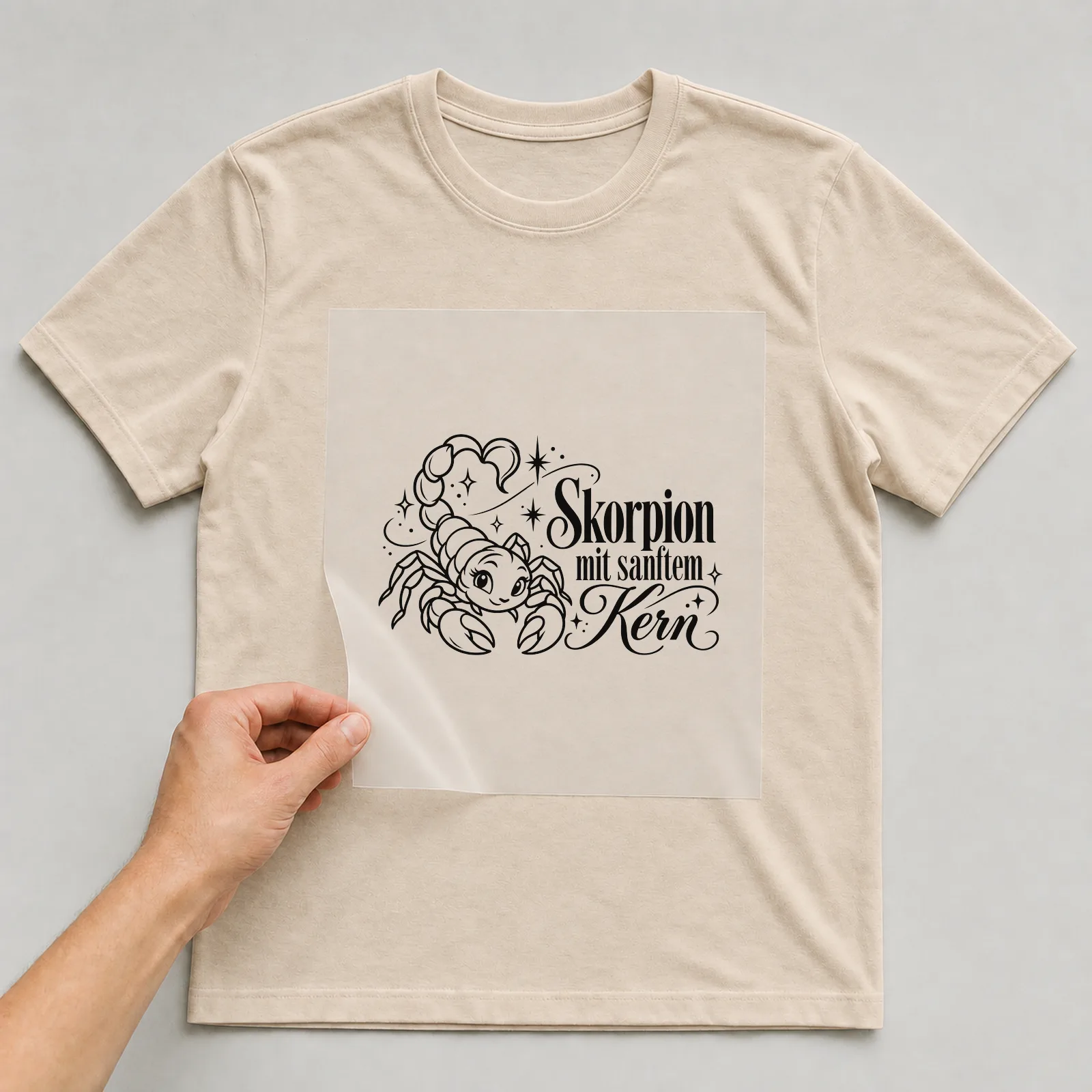 Bügelbild „Skorpion mit sanftem Kern“ auf beigem T-Shirt, Folie wird aufgelegt
