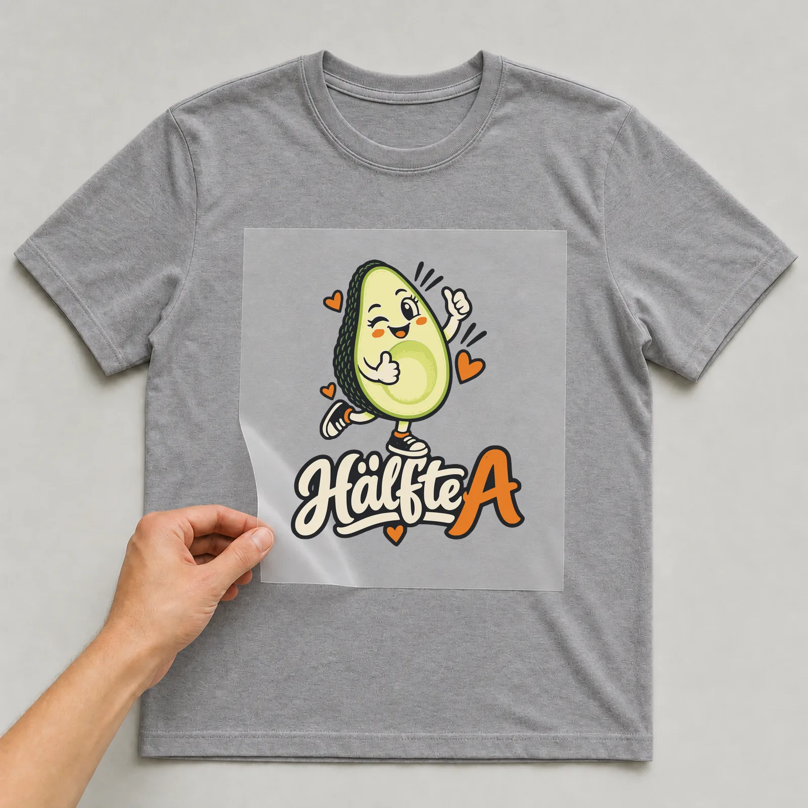 Bügelbild Hälfte A (Partnermotiv zu Hälfte B) auf grauem T-Shirt, Folie wird aufgelegt