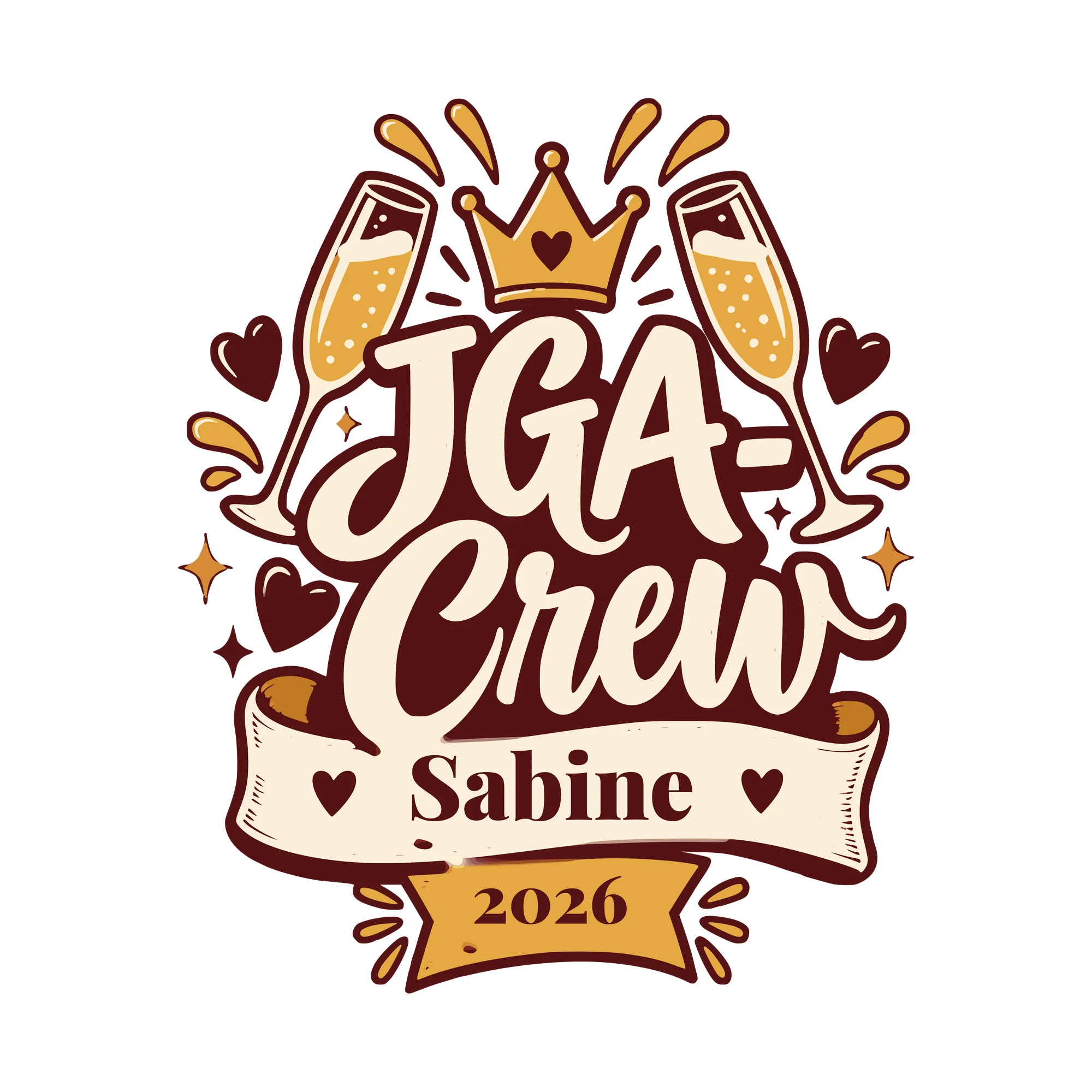 Bügelbild JGA-Crew mit Name und Jahr als Grafik auf weißem Hintergrund (BB011053)