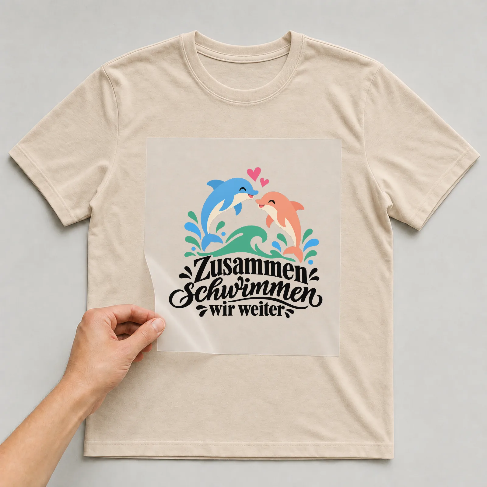 Bügelbild „Zusammen schwimmen wir weiter“ auf beigem T-Shirt, Folie wird aufgelegt