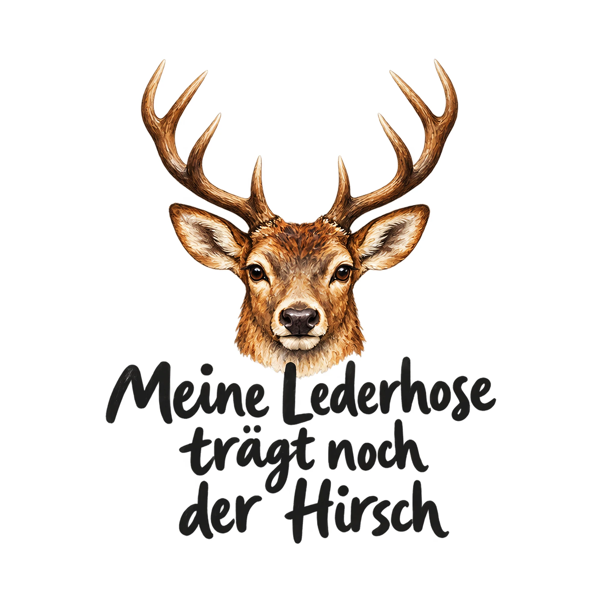 Bügelbild Meine Lederhose trägt noch der Hirsch, Lustiger Shirt Spruch als Grafik auf weißem Hintergrund (BB018118)