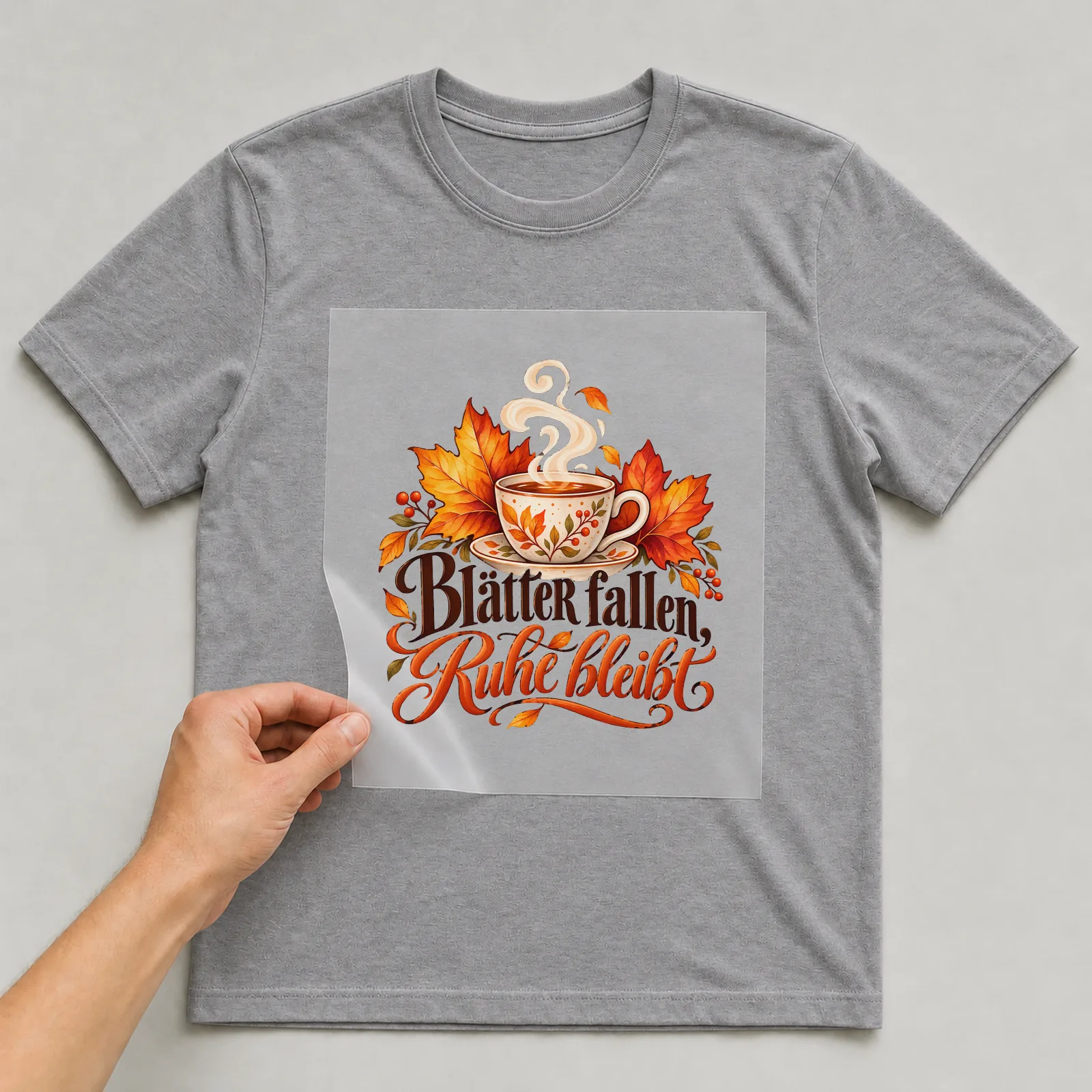 Bügelbild „Blätter fallen, Ruhe bleibt“ auf grauem T-Shirt, Folie wird aufgelegt