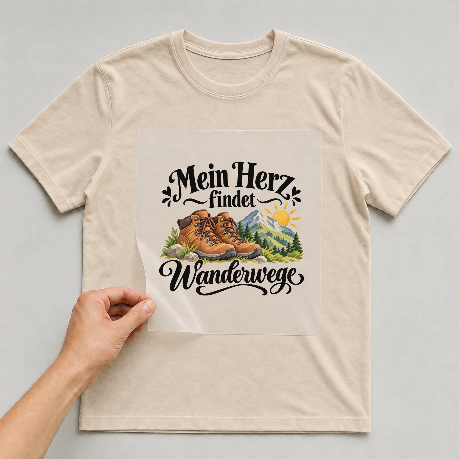 Bügelbild „Mein Herz findet Wanderwege“ auf beigem T-Shirt, Folie wird aufgelegt