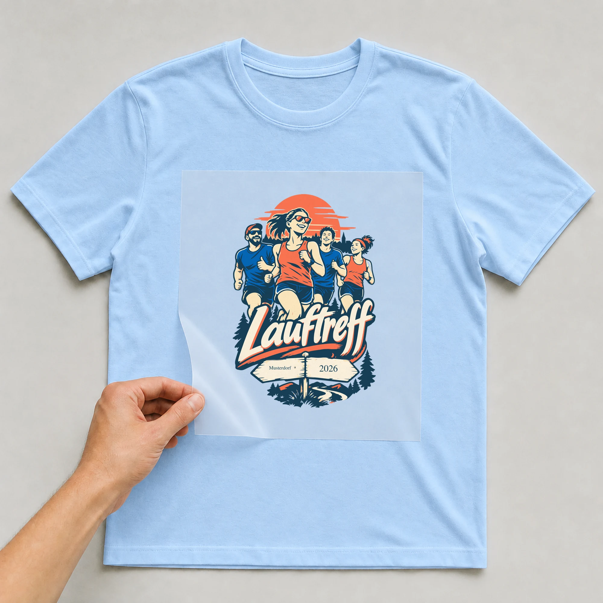 Bügelbild „Lauftreff“ auf babyblauem T-Shirt, Folie wird aufgelegt