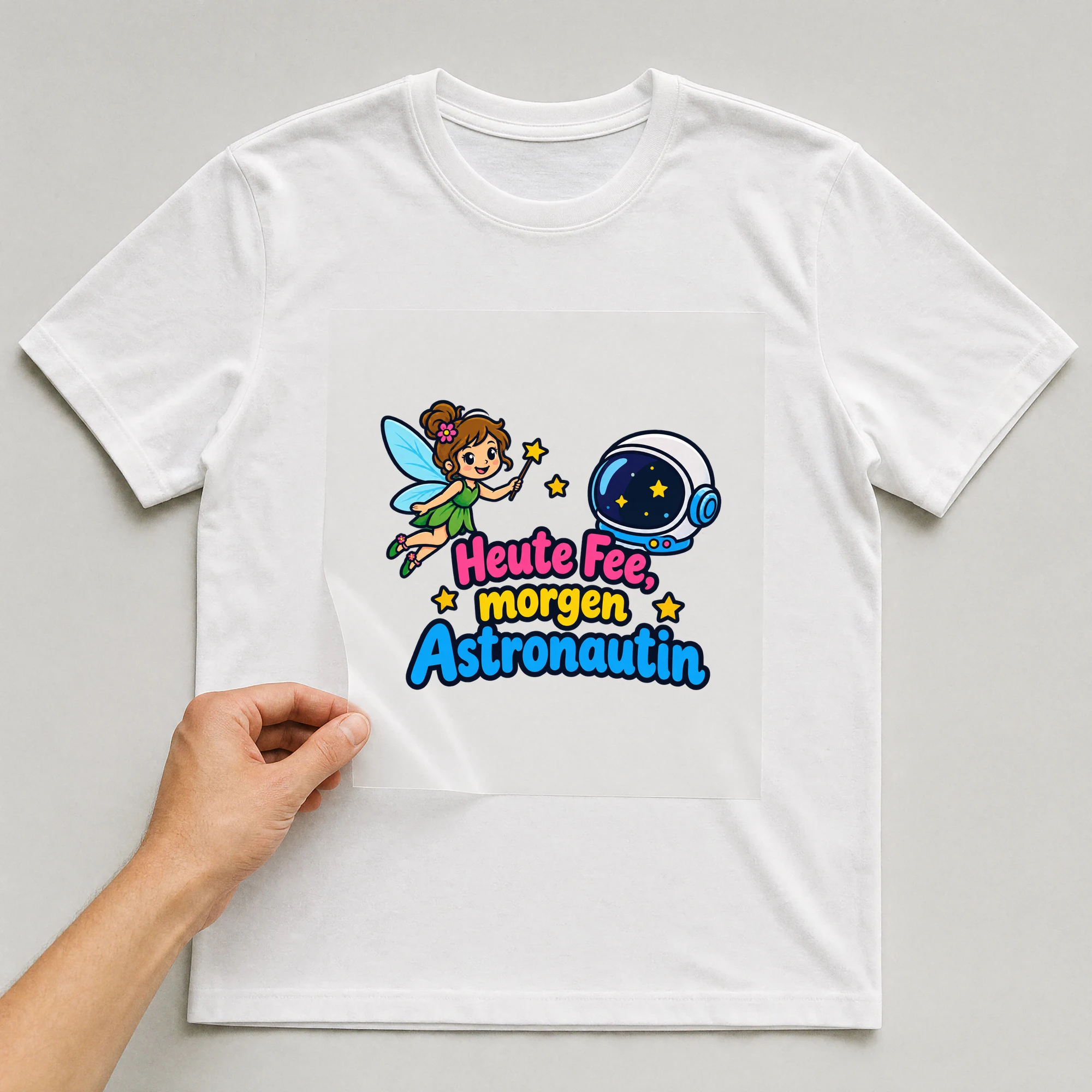 Bügelbild „Heute Fee, morgen Astronautin“ auf weißem T-Shirt, Folie wird aufgelegt