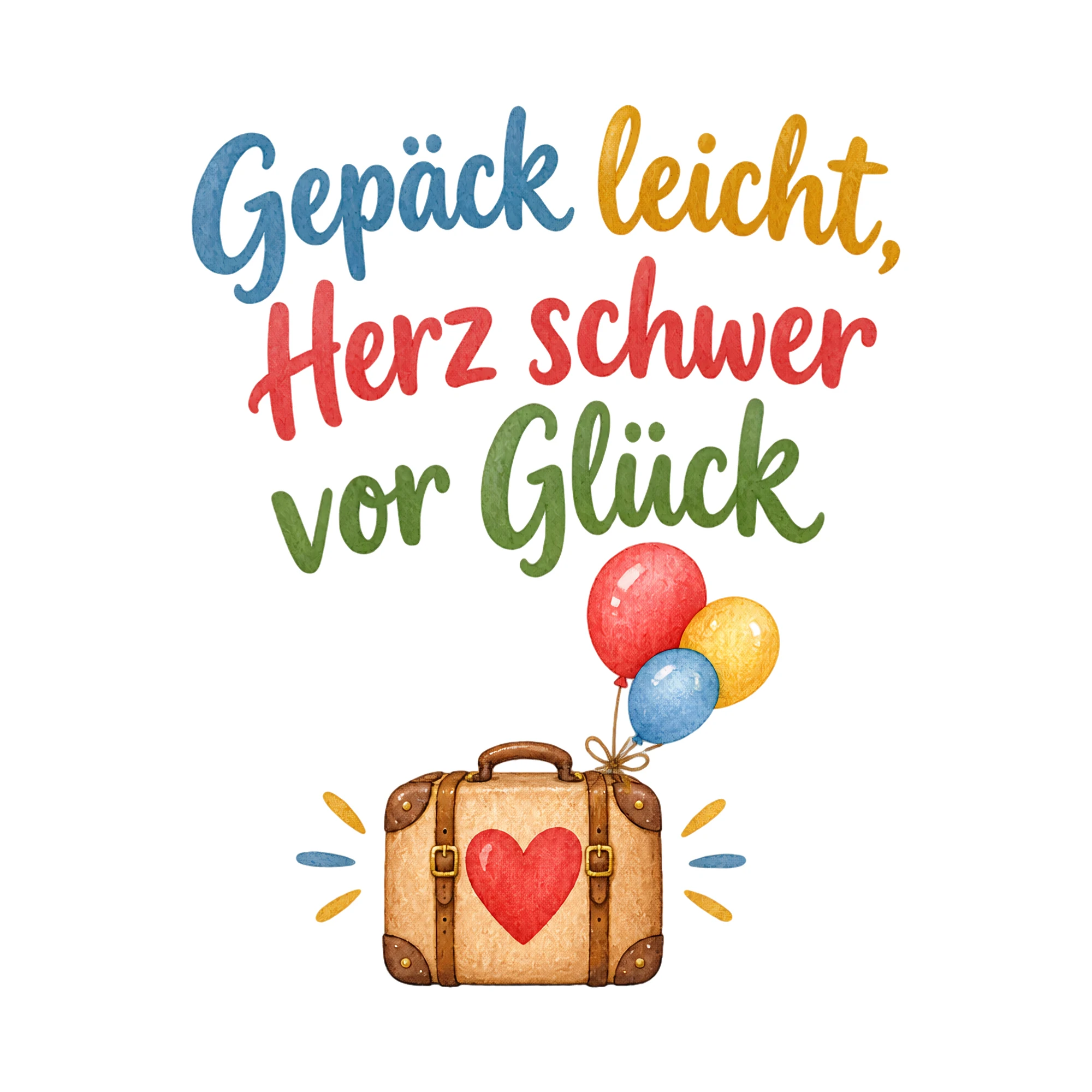 Bügelbild Gepäck leicht, Herz schwer vor Glück als Grafik auf weißem Hintergrund (BB019679)