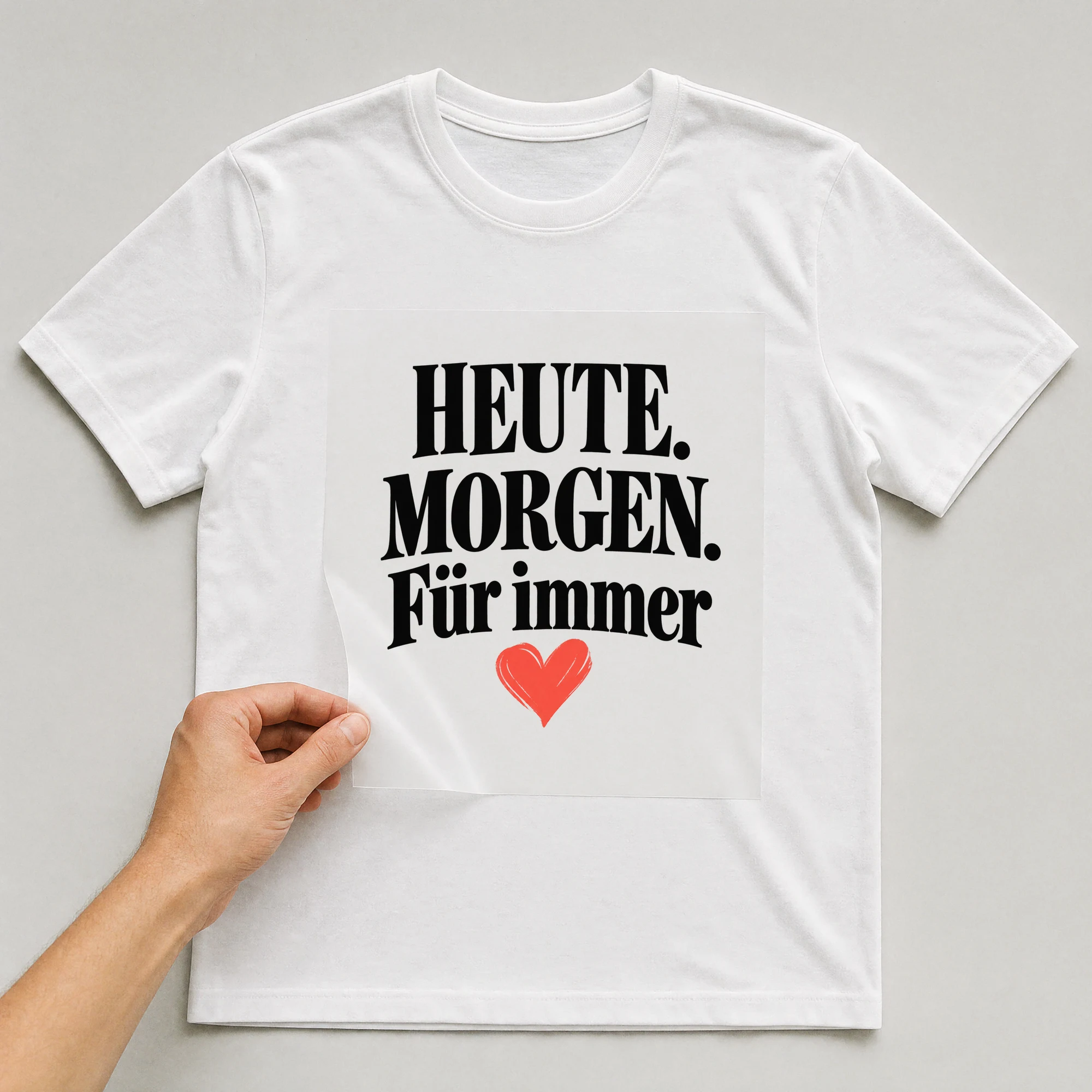 Bügelbild „Heute. Morgen. Für Immer Herz“ auf weißem T-Shirt, Folie wird aufgelegt