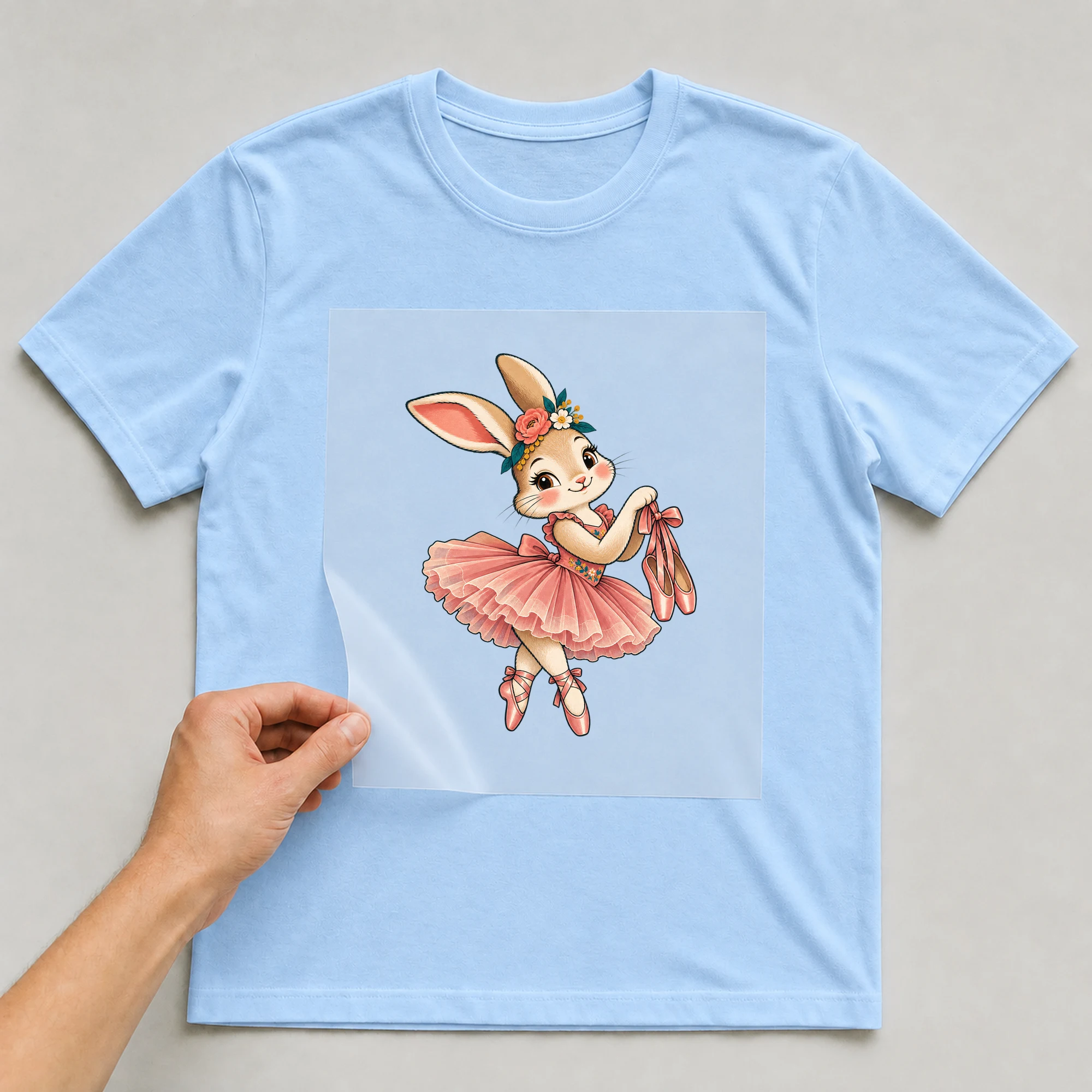 Bügelbild „Ballett-Hase“ auf babyblauem T-Shirt, Folie wird aufgelegt