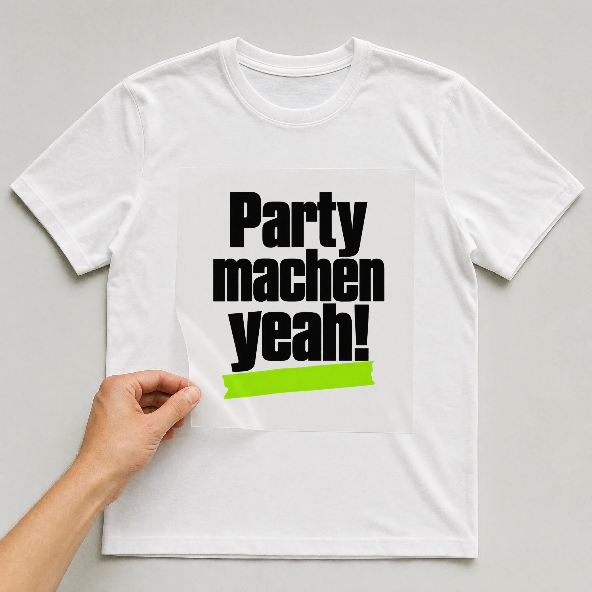 Bügelbild „Party machen, yeah!“ auf weißem T-Shirt, Folie wird aufgelegt