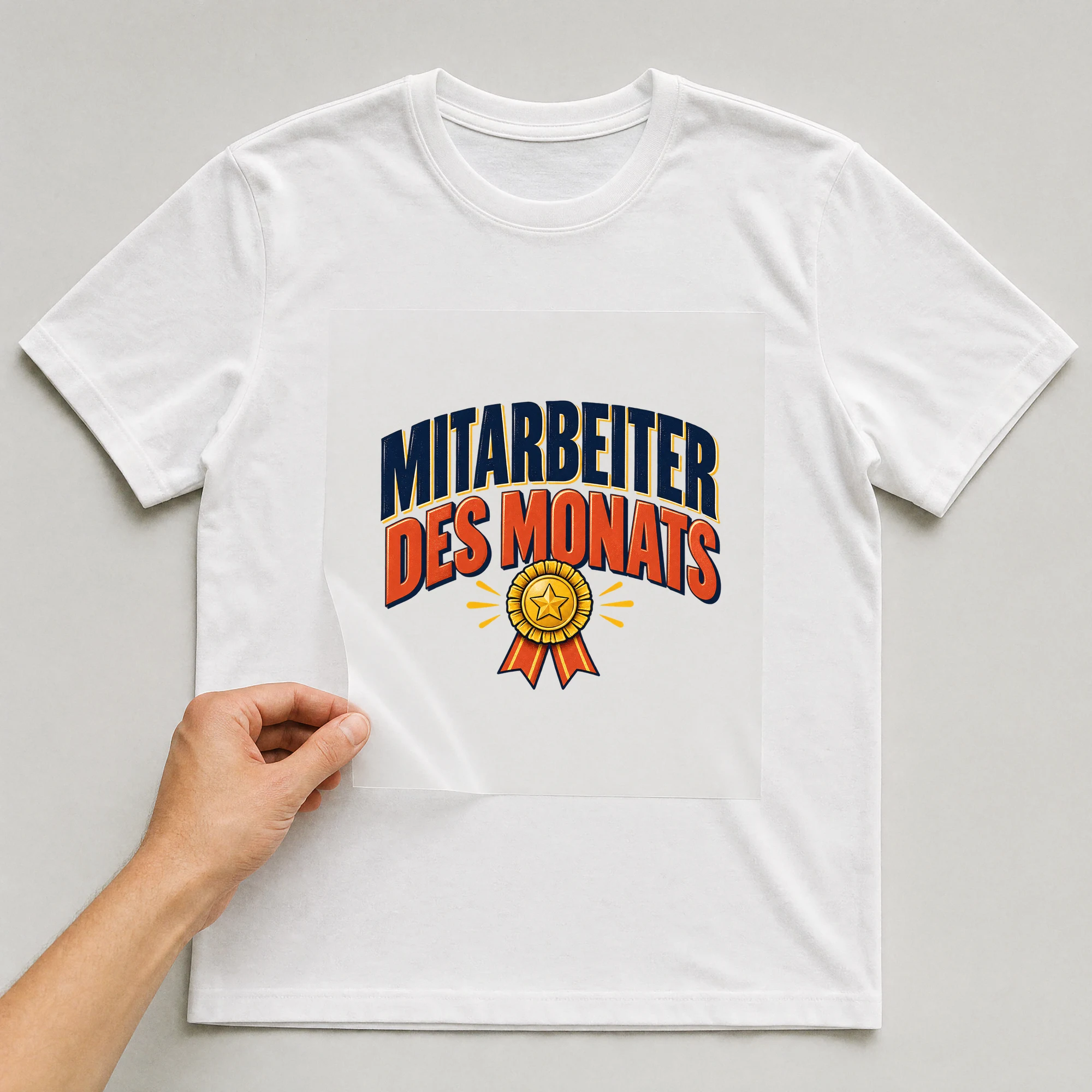 Bügelbild „Mitarbeiter des Monats“ auf weißem T-Shirt, Folie wird aufgelegt
