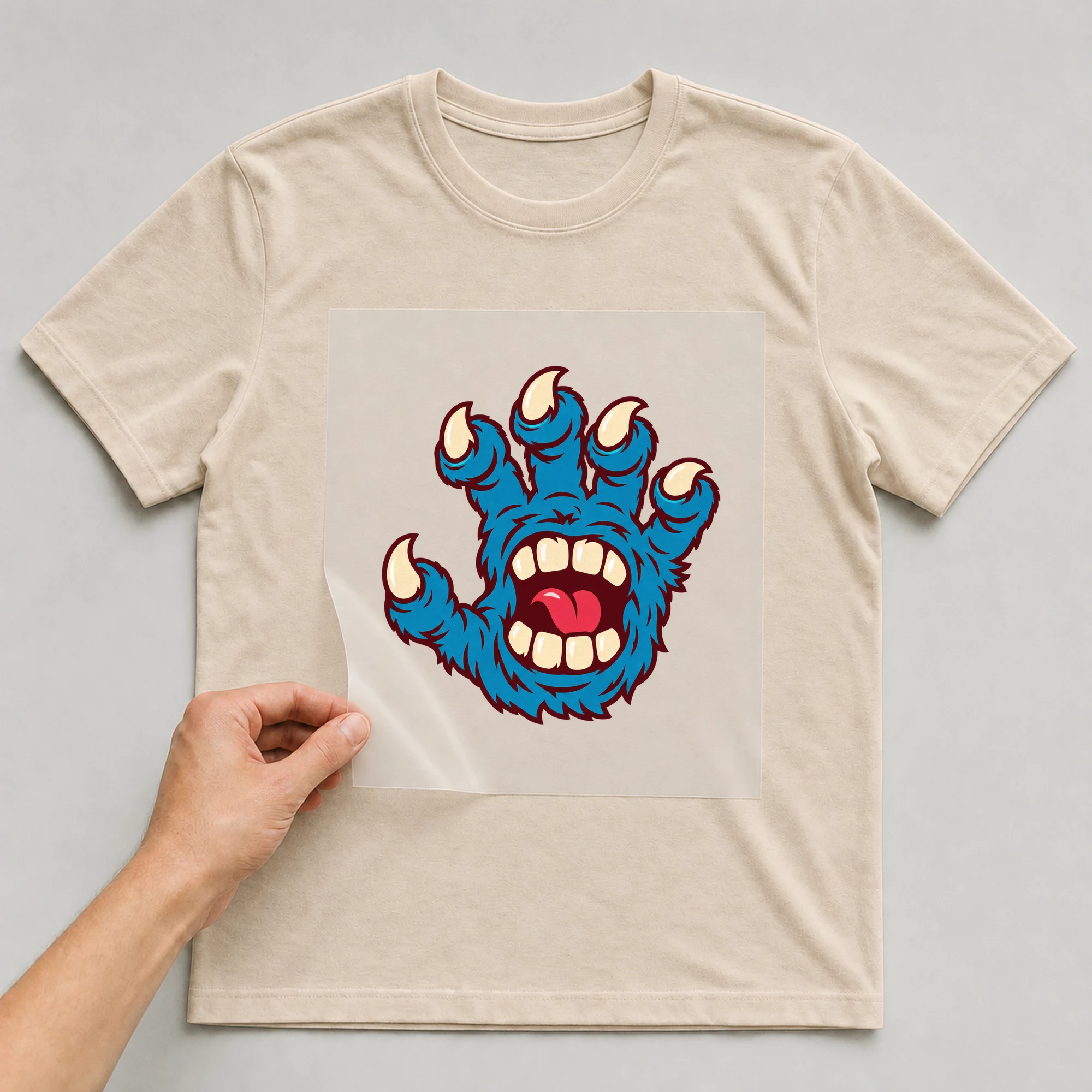 Bügelbild „BB021152-motiv-r03676“ auf beigem T-Shirt, Folie wird aufgelegt