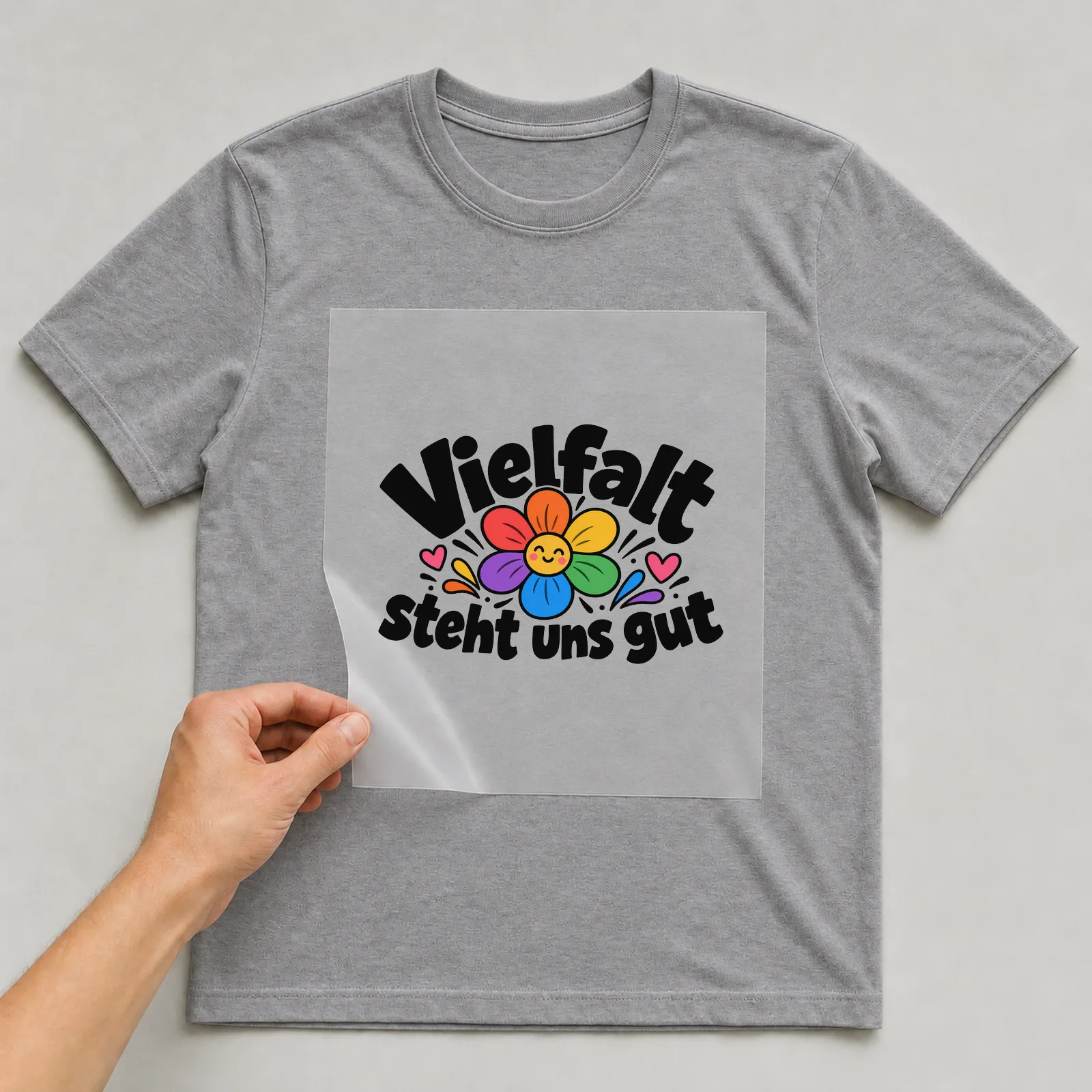 Bügelbild „Vielfalt steht uns gut“ auf grauem T-Shirt, Folie wird aufgelegt