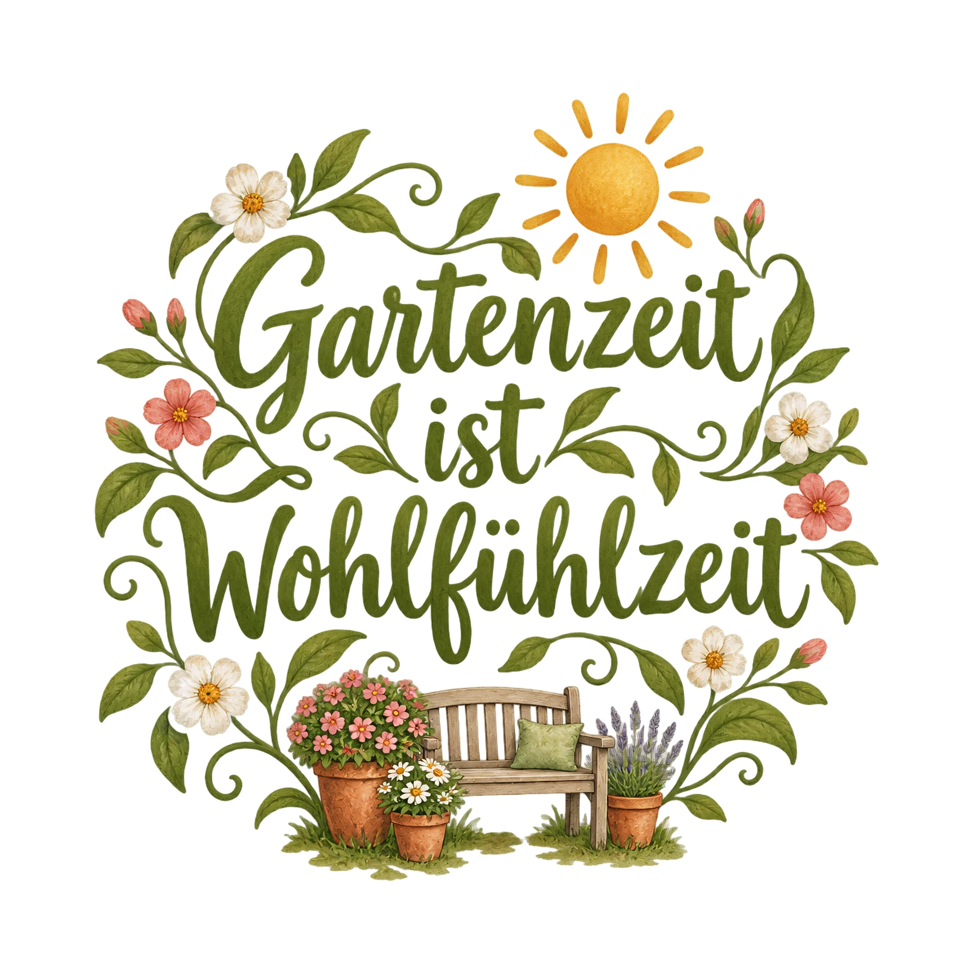Bügelbild Gartenzeit ist Wohlfühlzeit, Hobby Shirt Spruch als Grafik auf weißem Hintergrund (BB016449)