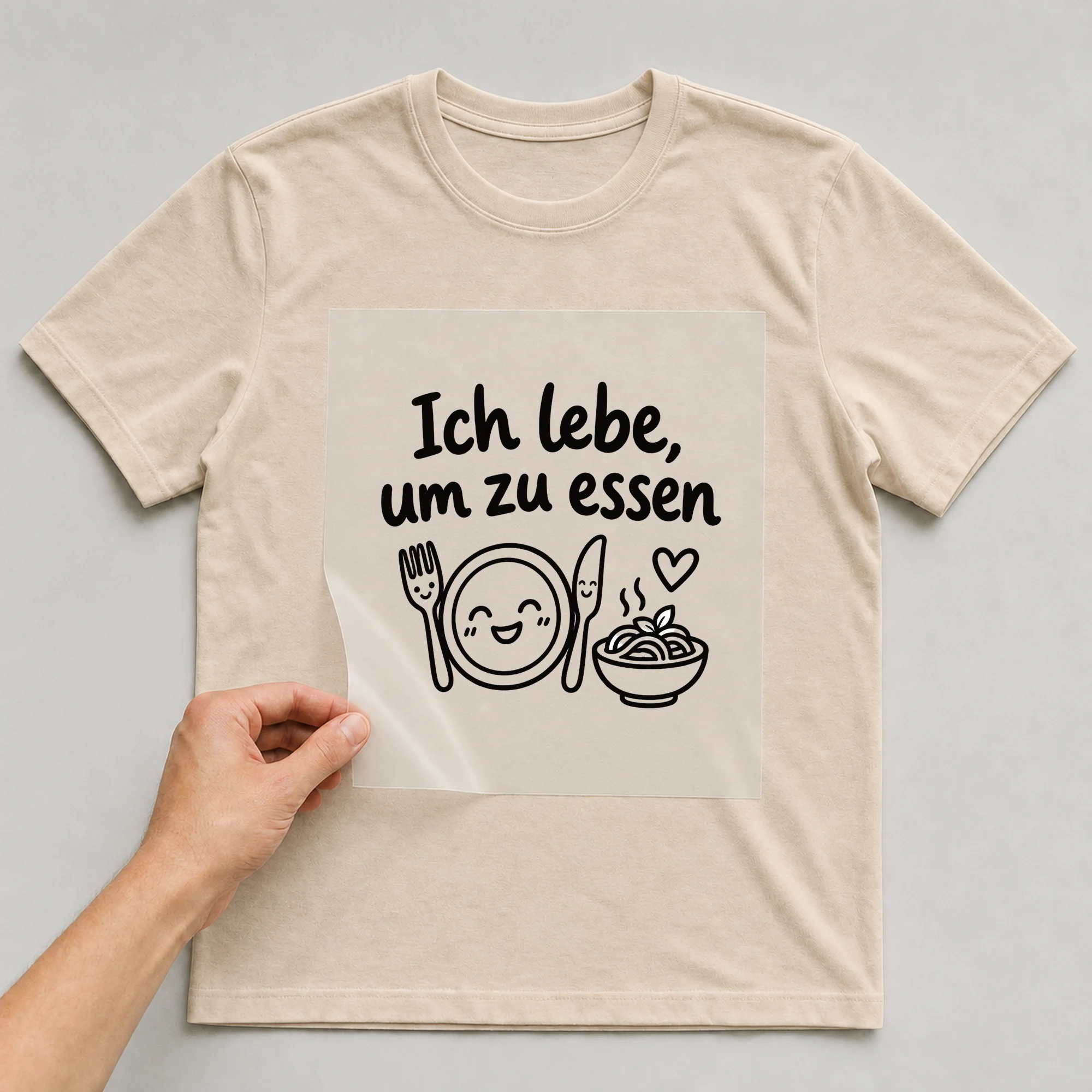 Bügelbild „Ich lebe, um zu essen“ auf beigem T-Shirt, Folie wird aufgelegt