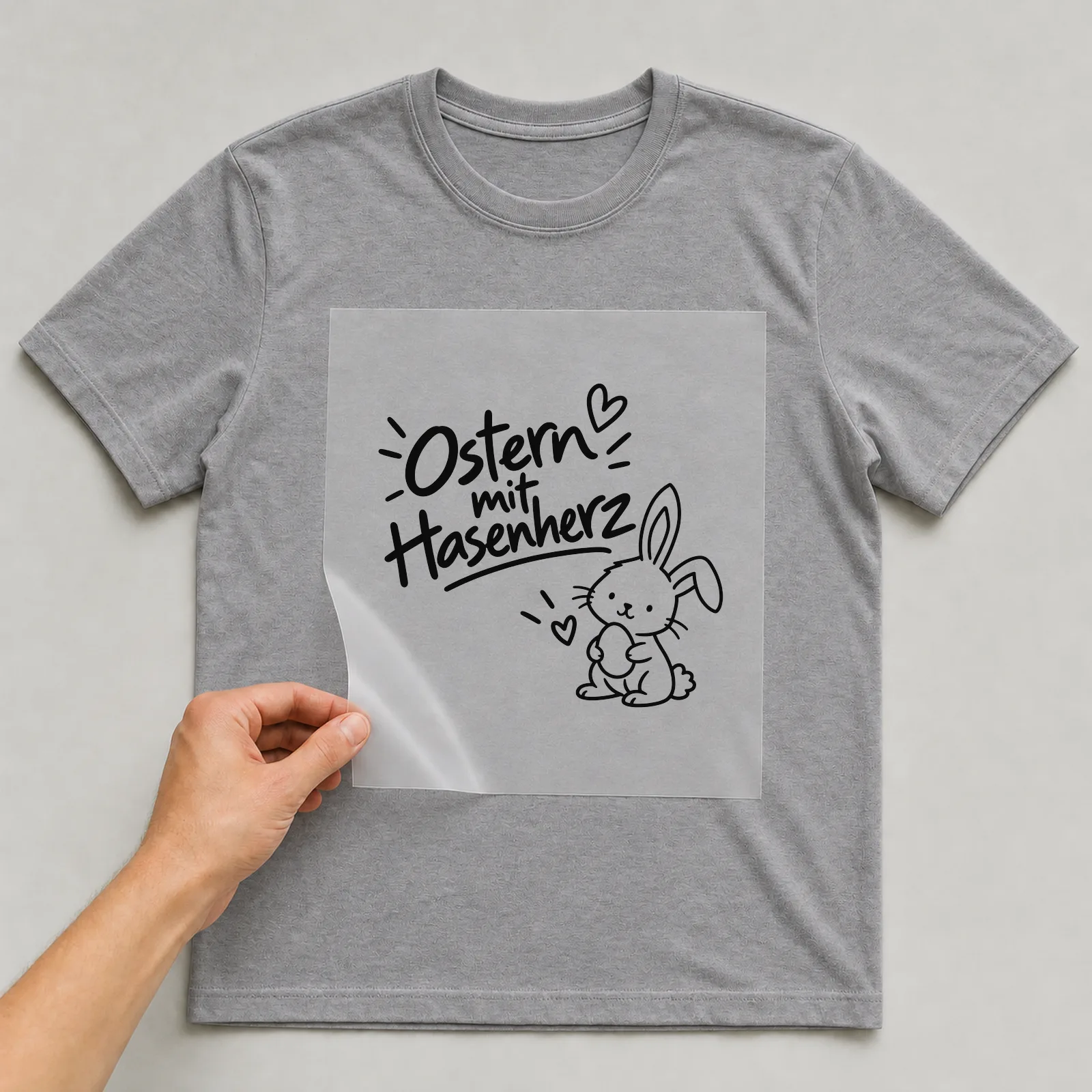 Bügelbild „Ostern mit Hasenherz“ auf grauem T-Shirt, Folie wird aufgelegt