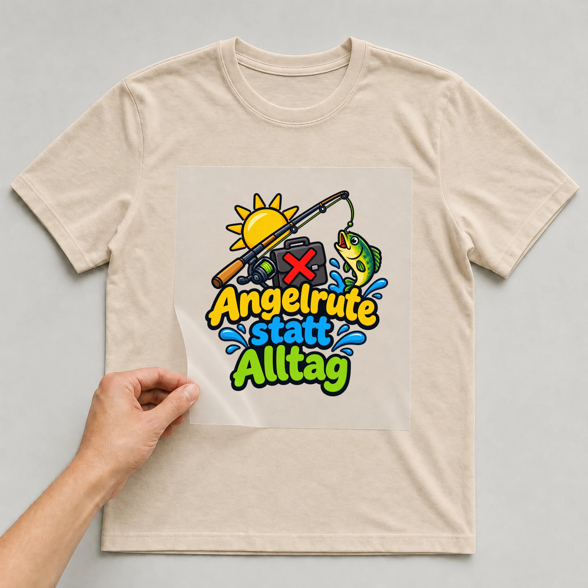 Bügelbild „Angelrute statt Alltag“ auf beigem T-Shirt, Folie wird aufgelegt