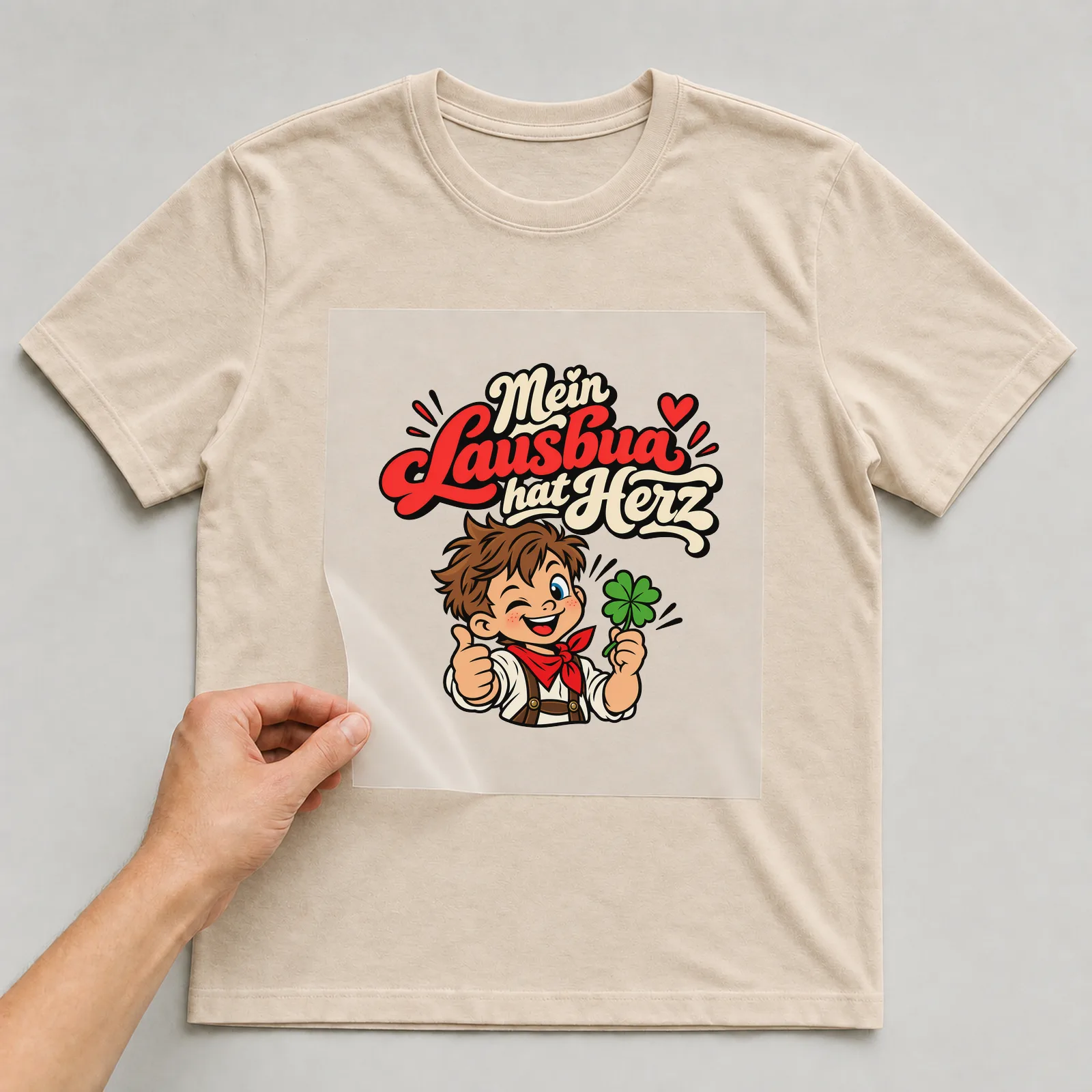 Bügelbild „Mein Lausbua hat Herz“ auf beigem T-Shirt, Folie wird aufgelegt
