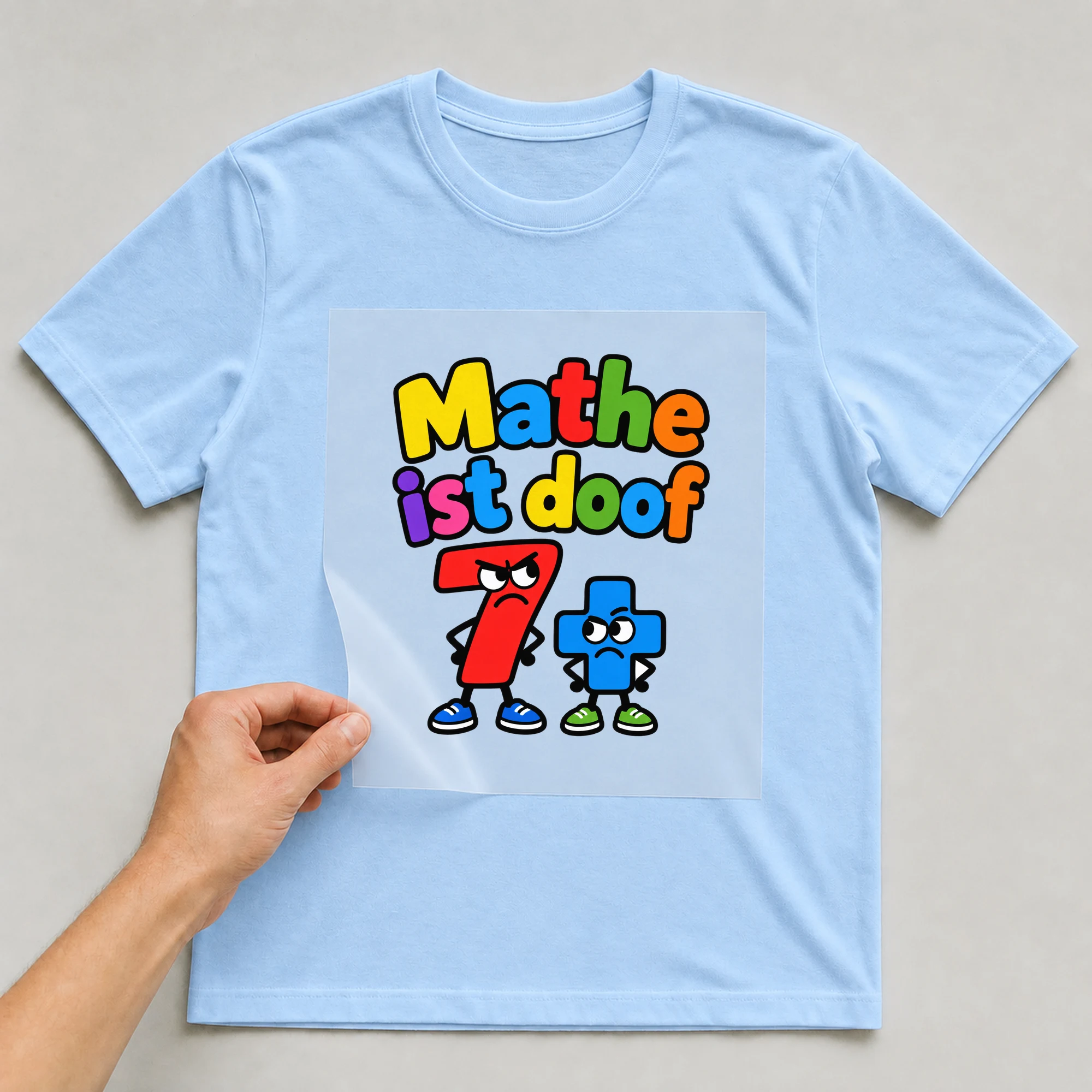 Bügelbild „Mathe ist doof“ auf babyblauem T-Shirt, Folie wird aufgelegt