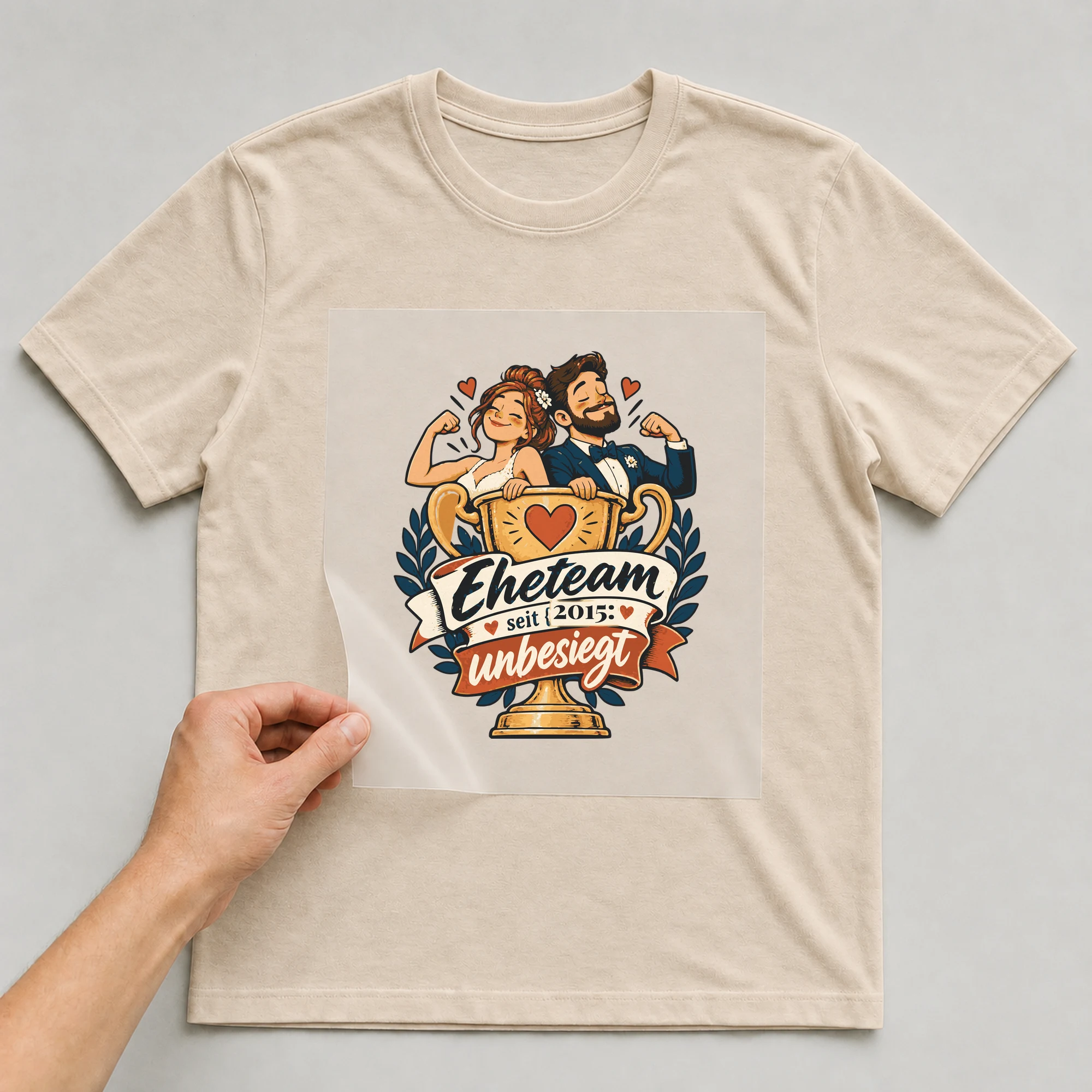 Bügelbild Eheteam: unbesiegt mit Jahr auf beigem T-Shirt, Folie wird aufgelegt