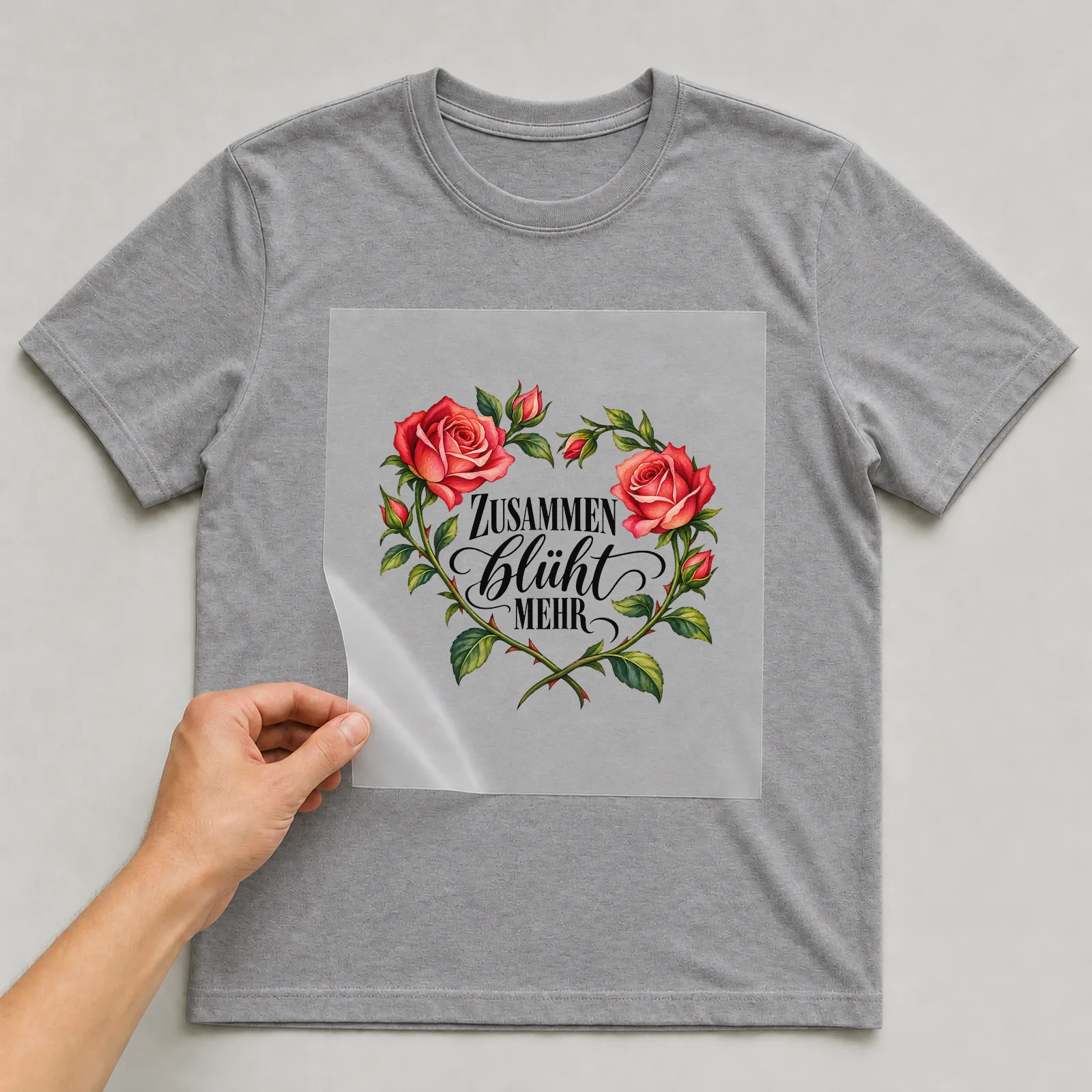 Bügelbild „Zusammen blüht mehr“ auf grauem T-Shirt, Folie wird aufgelegt