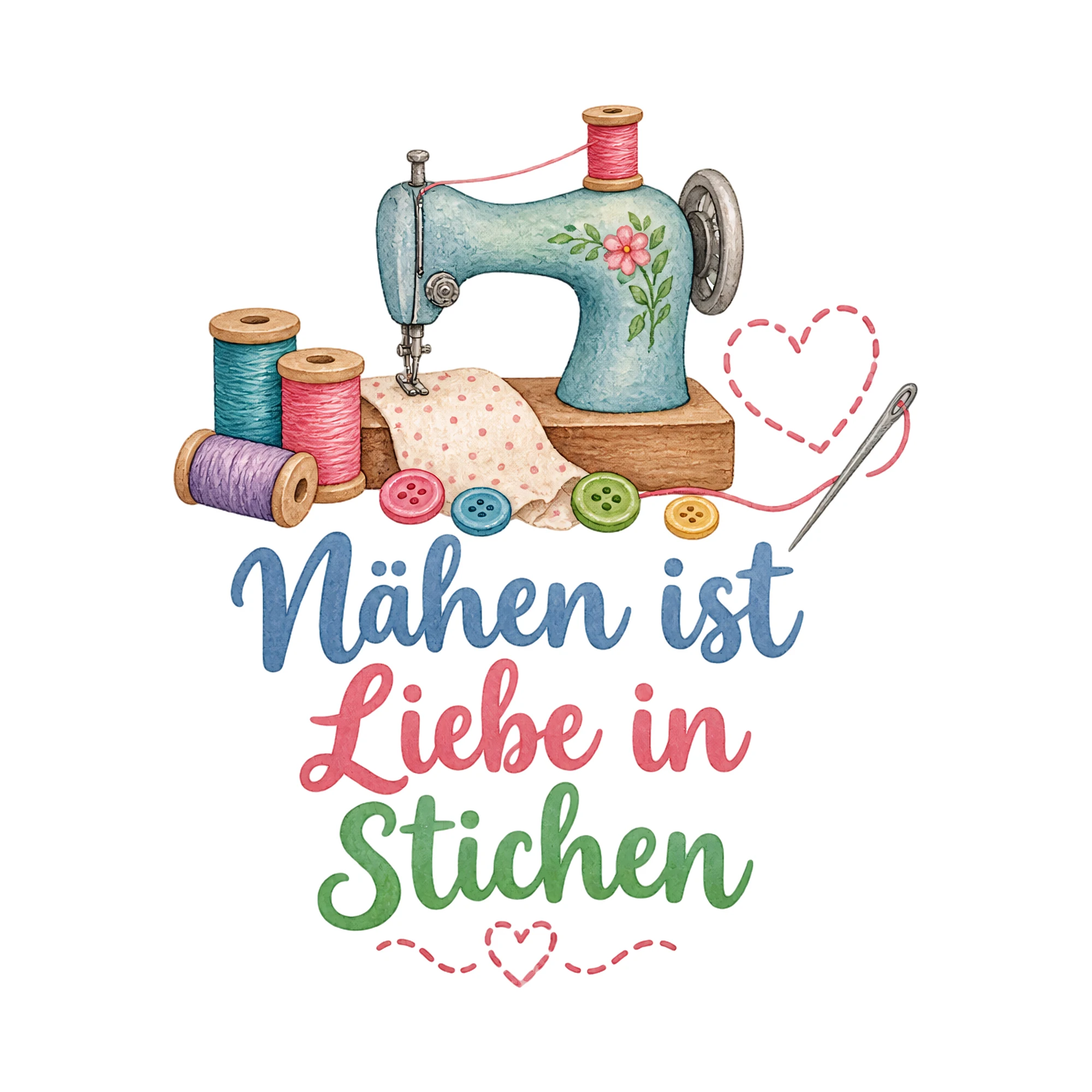 Bügelbild Nähen ist Liebe in Stichen, Hobby Shirt Spruch als Grafik auf weißem Hintergrund (BB016539)