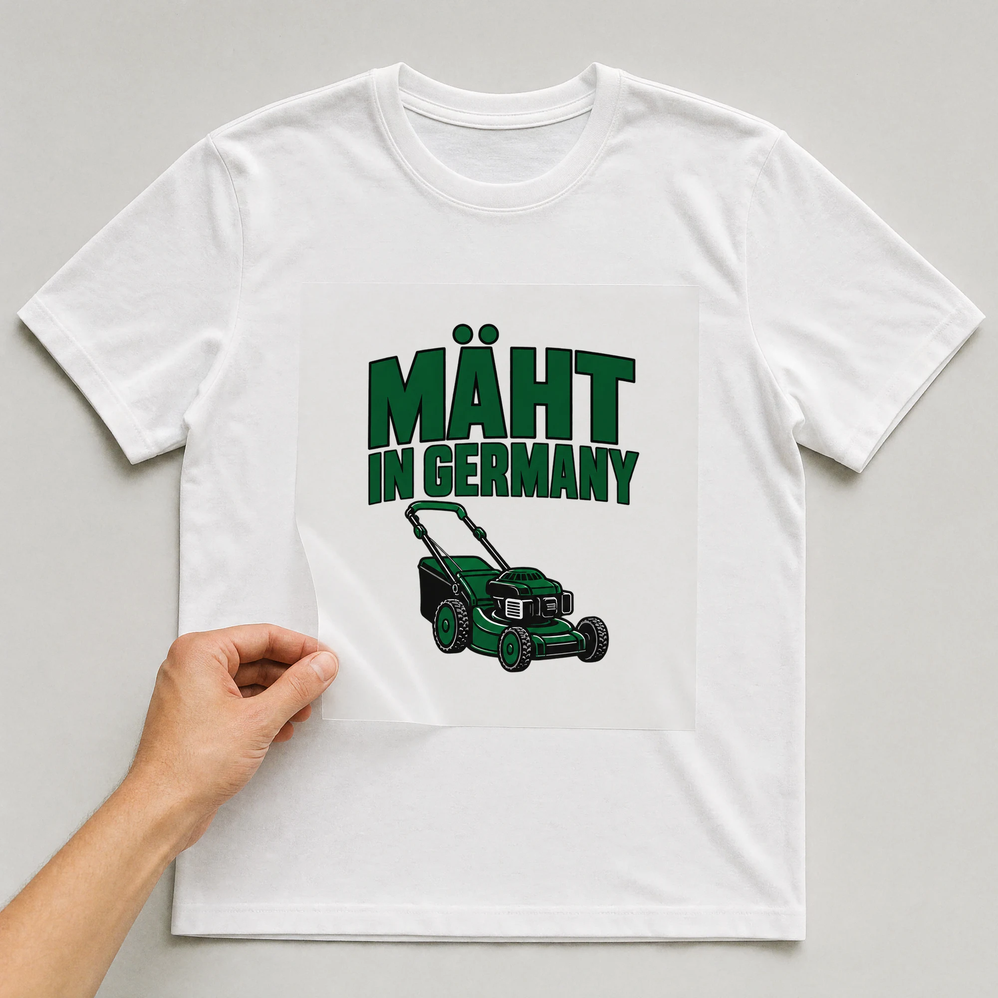 Bügelbild „Mäht In Germany“ auf weißem T-Shirt, Folie wird aufgelegt