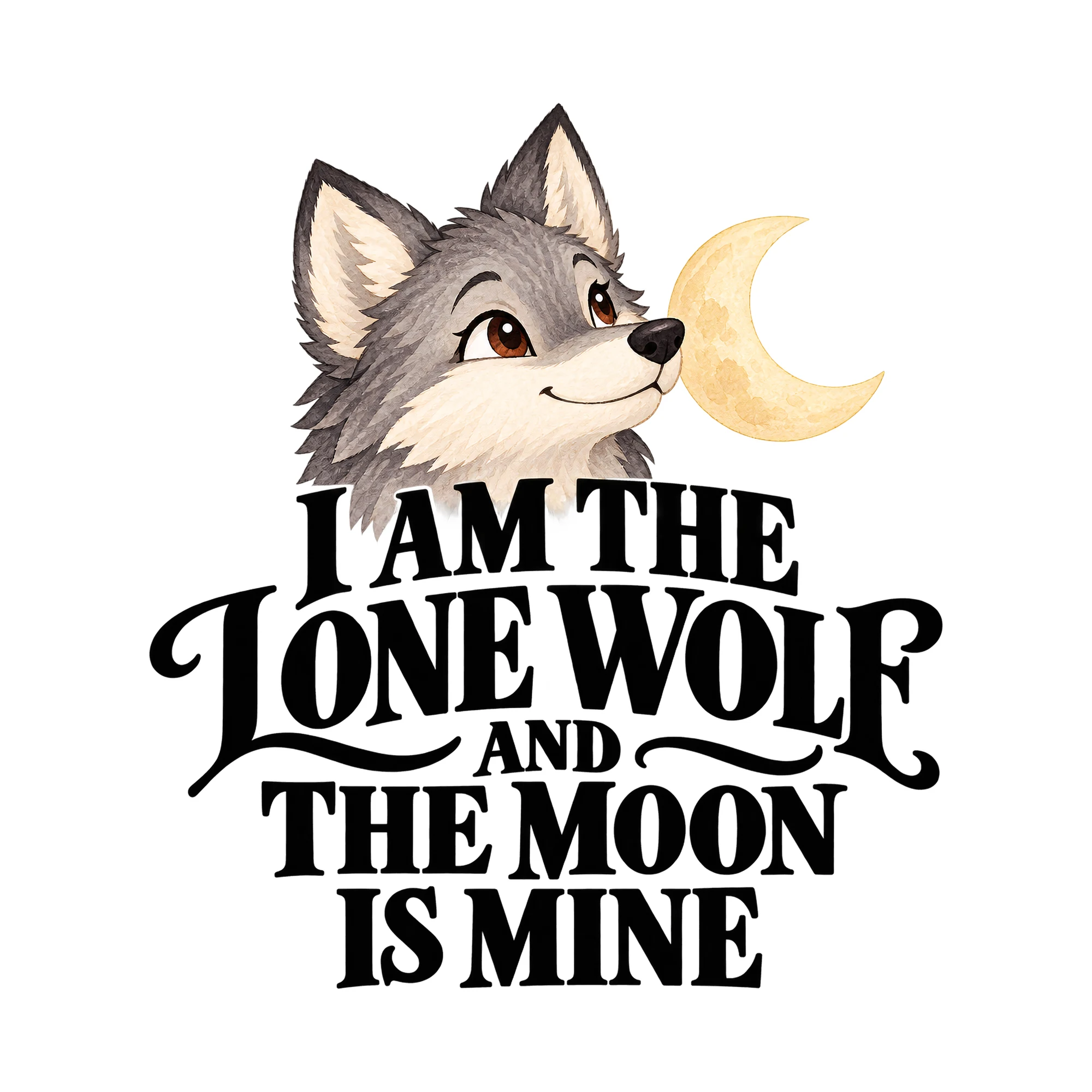 Bügelbild I Am The Lone Wolf And The Moon Is Mine, Lustiger Shirt Spruch als Grafik auf weißem Hintergrund (BB015952)