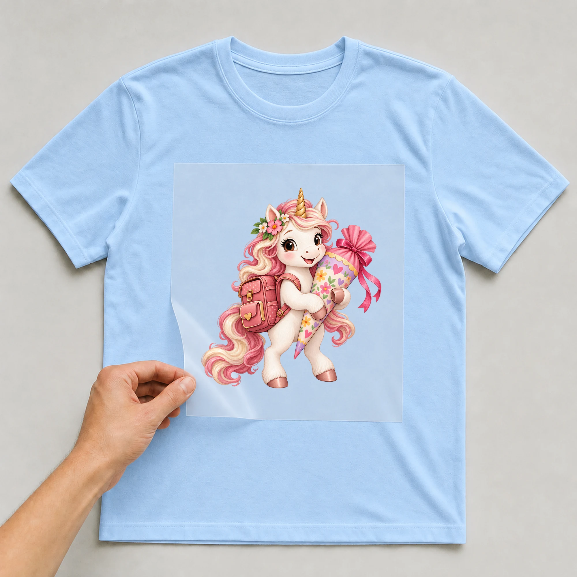 Bügelbild „Einhorn als Schulkind“ auf babyblauem T-Shirt, Folie wird aufgelegt