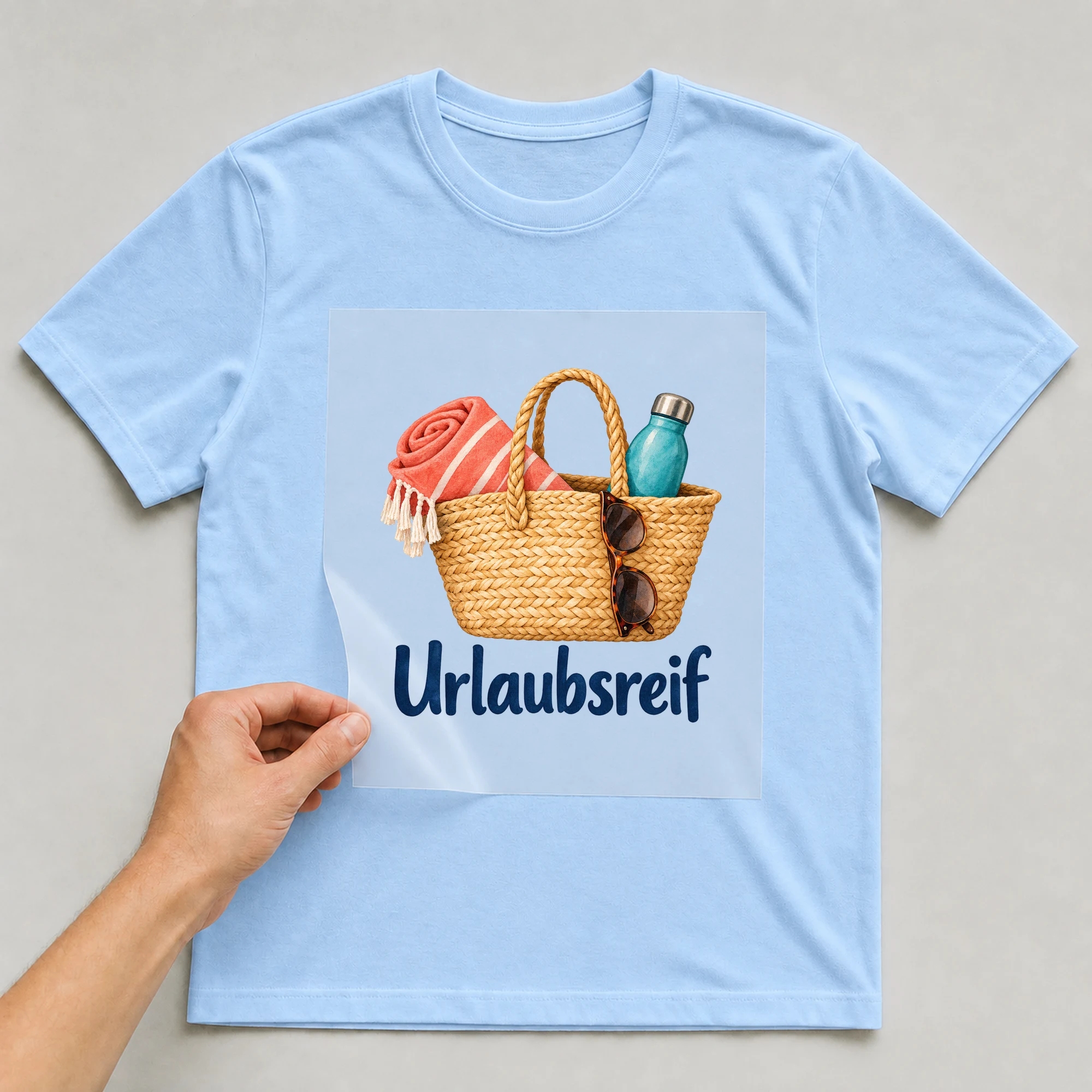 Bügelbild „Urlaubsreif“ auf babyblauem T-Shirt, Folie wird aufgelegt