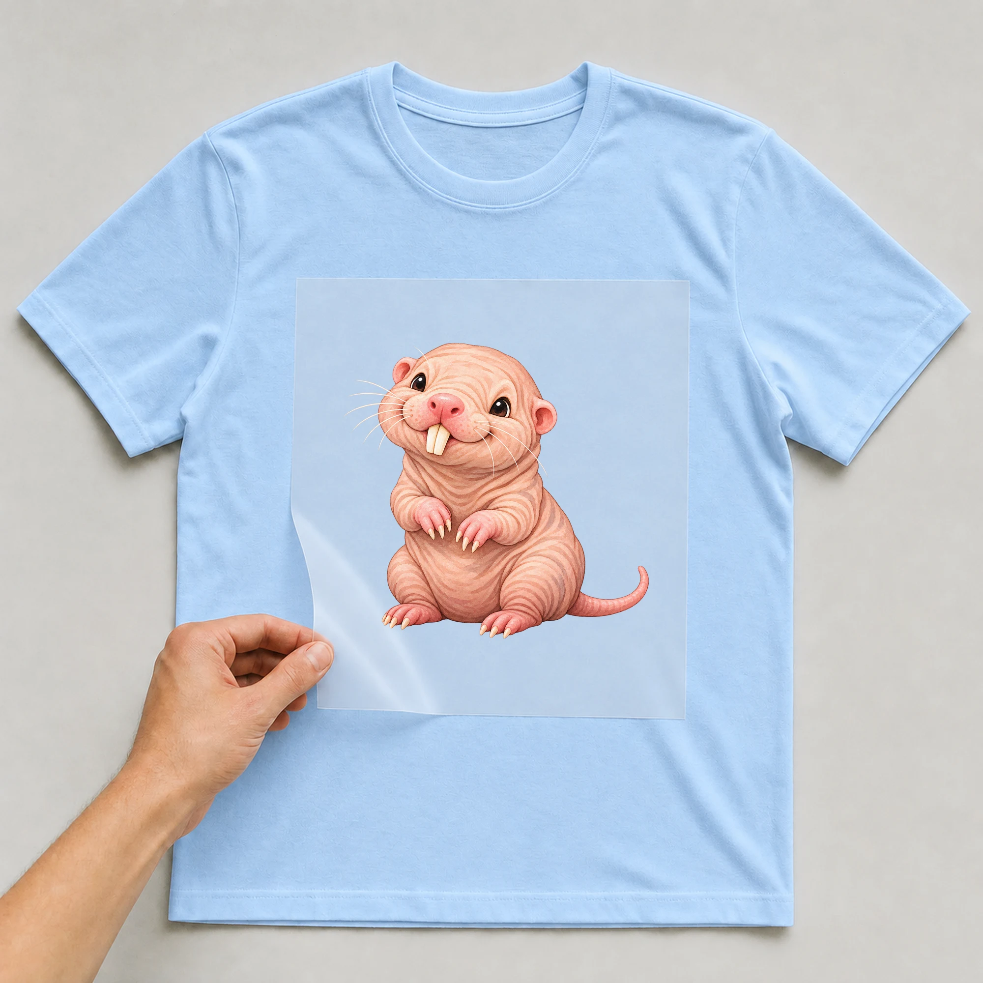 Bügelbild „Nacktmull Motiv“ auf babyblauem T-Shirt, Folie wird aufgelegt