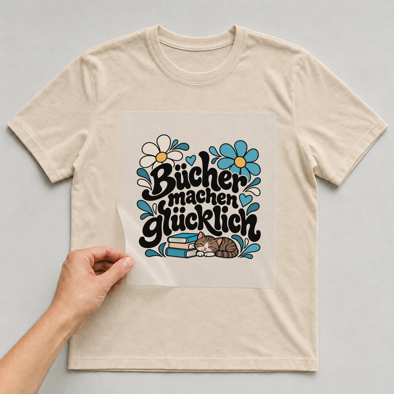 Bügelbild „Bücher machen glücklich“ (Blumenlettering) auf beigem T-Shirt, Folie wird aufgelegt